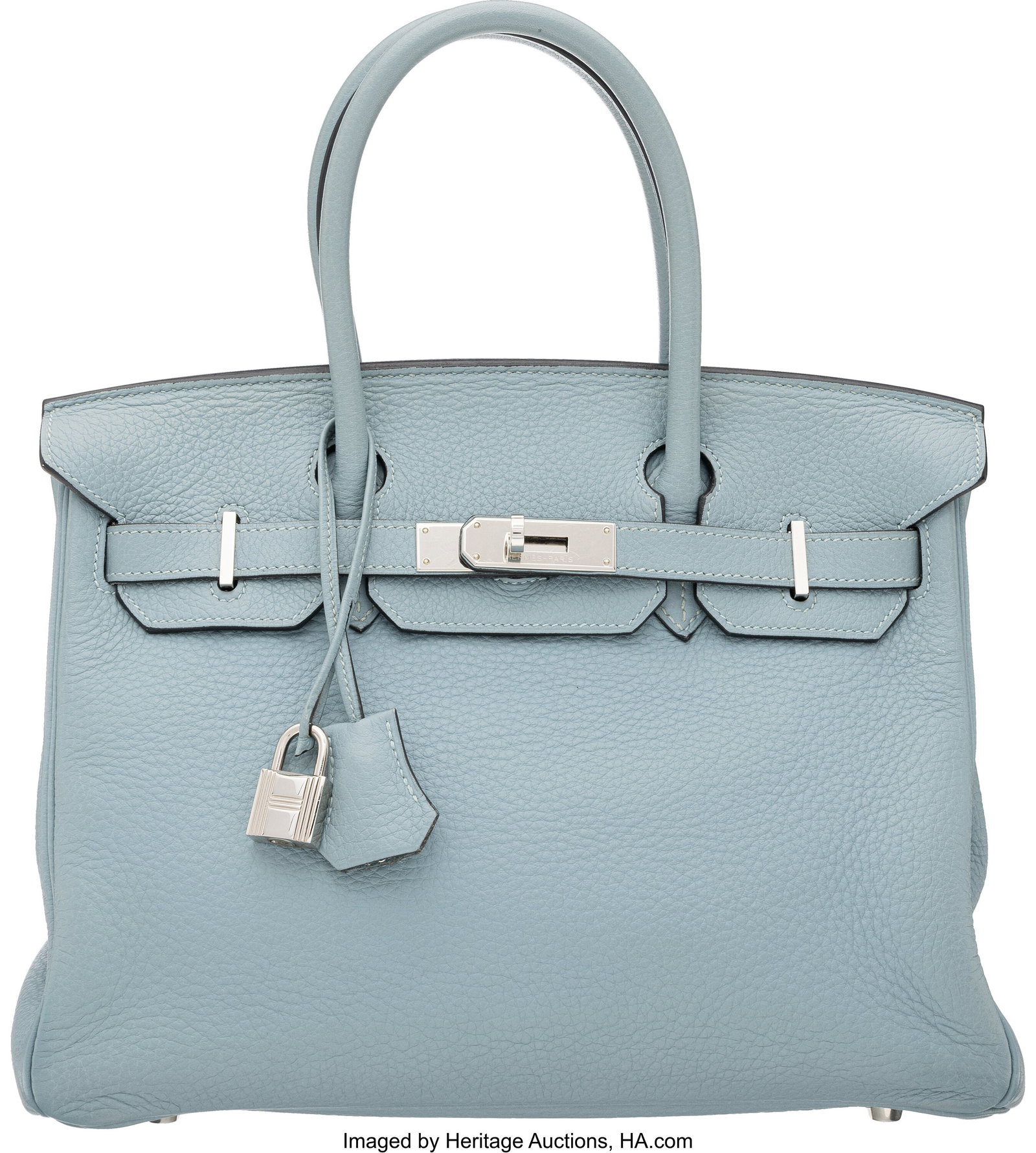 Hermès 30cm Bleu Ciel Clemence Leather Birkin B: Hermès 30cm Bleu Ciel Clemence Leather Birkin Bag with Palladium Hardware M Square, 2009 Condition: 2 11" Width x 8" Height x 6" Depth This bag is done in Ciel Clemence Leather with
