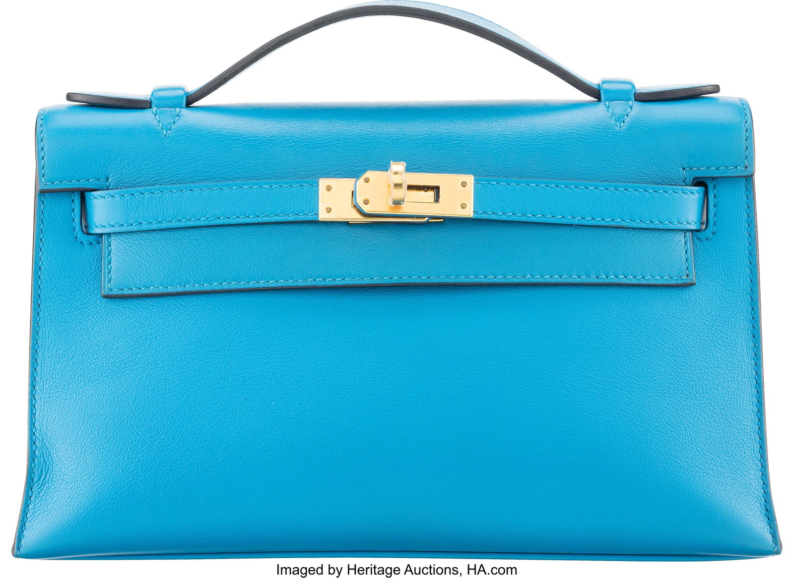 Hermès Bleu Frida Swift Leather Kelly Pochette : Hermès Bleu Frida Swift Leather Kelly Pochette with Gold Hardware Y, 2020 Condition: 2 8.5" Width x 5" Height x 2.5" Depth This bag is done in Bleu Frida Swift Leather