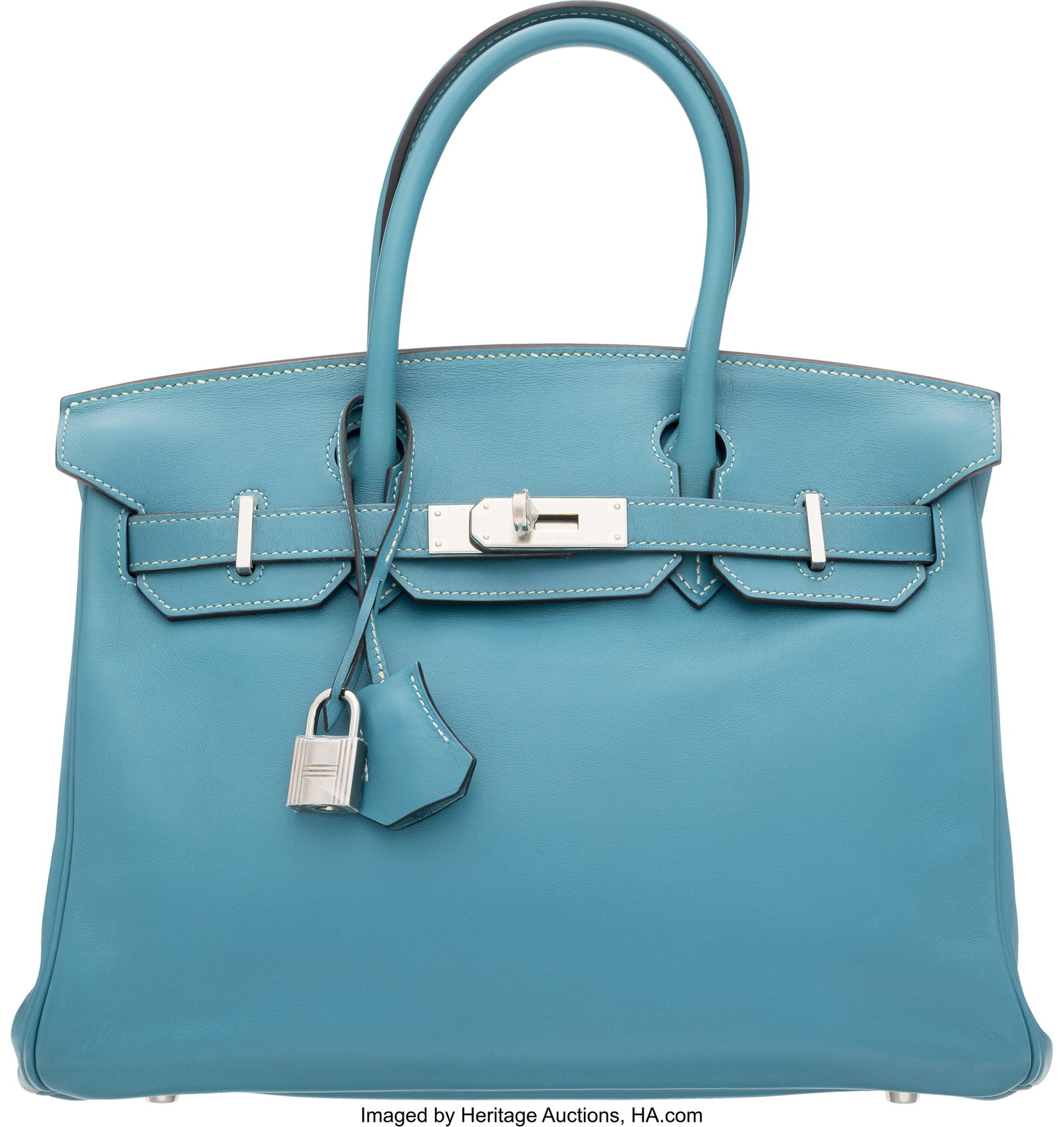 Hermès 30cm Bleu Jean Swift Leather Birkin Bag : Hermès 30cm Bleu Jean Swift Leather Birkin Bag with Palladium Hardware K Square, 2007 Condition: 3 11" Width x 8" Height x 6" Depth This bag is done in Bleu Jean Swift Leather with 