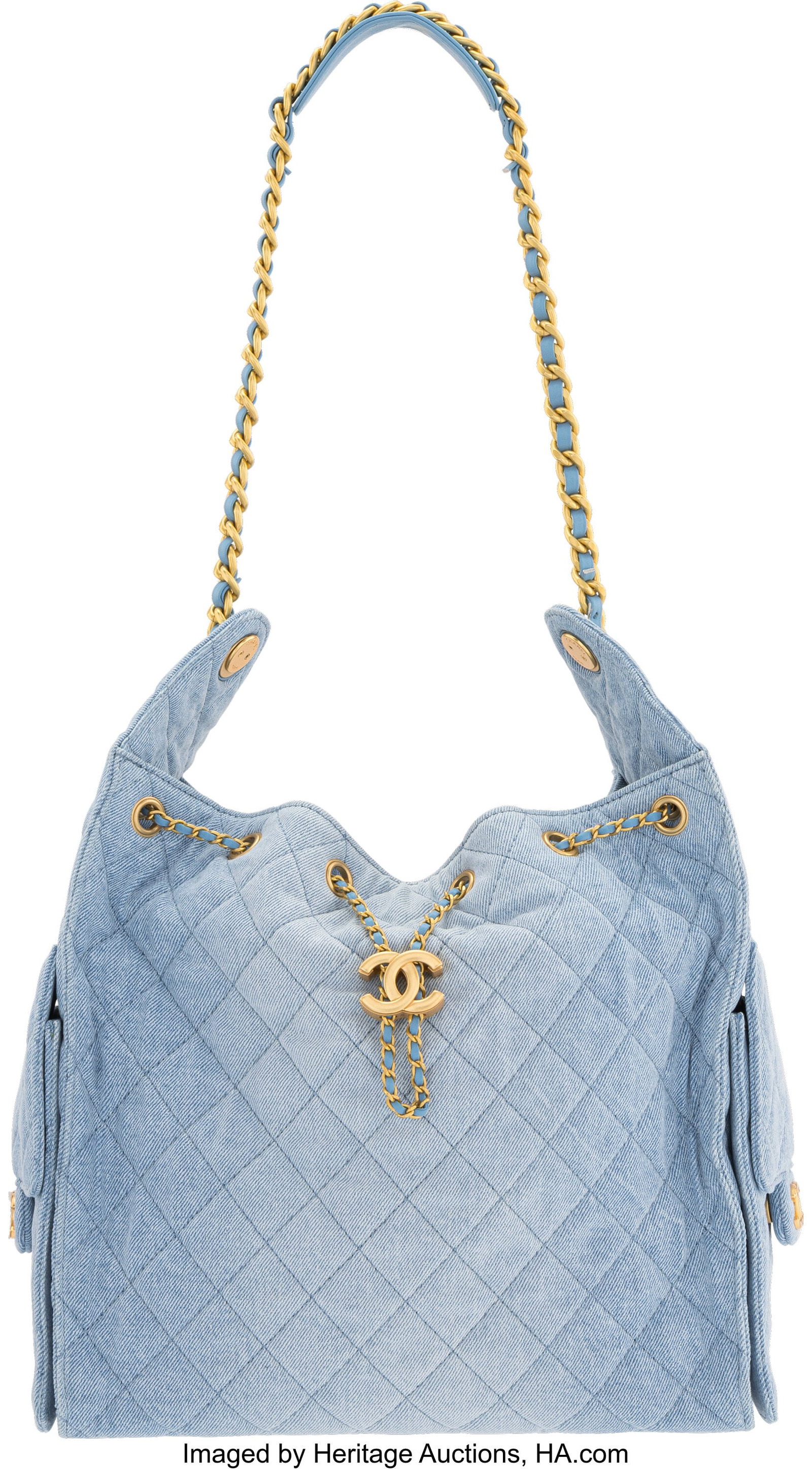 Chanel Washed Blue Quilted Denim 25 Medium Hobo : Chanel Washed Blue Quilted Denim 25 Medium Hobo Bag with Gold Hardware Condition: 1 11.75" Width x 15.5" height x 6.25" Depth This bag is done in Washed Blue Denim with Gold