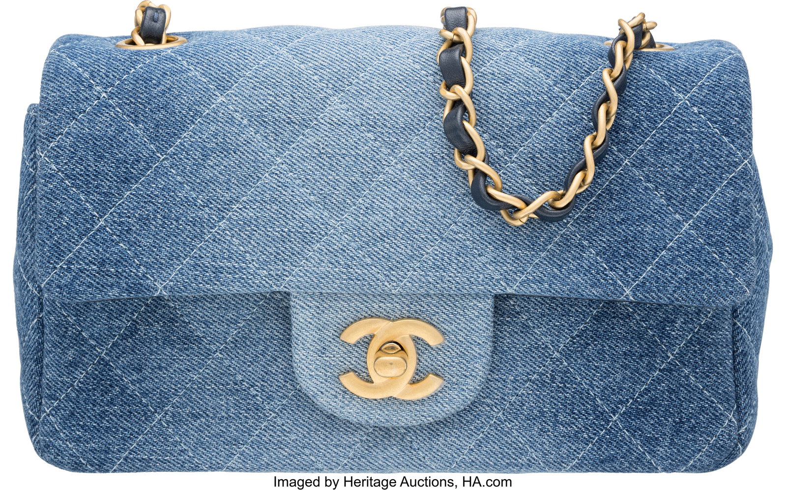 Chanel Blue Quilted Washed Demin Rectangular Min: Chanel Blue Quilted Washed Demin Rectangular Mini Flap Bag with Brushed Gold Hardware Condition: 2 7.5" Width x 5.5" Height x 2.75" Depth This bag is done in Blue Denim with