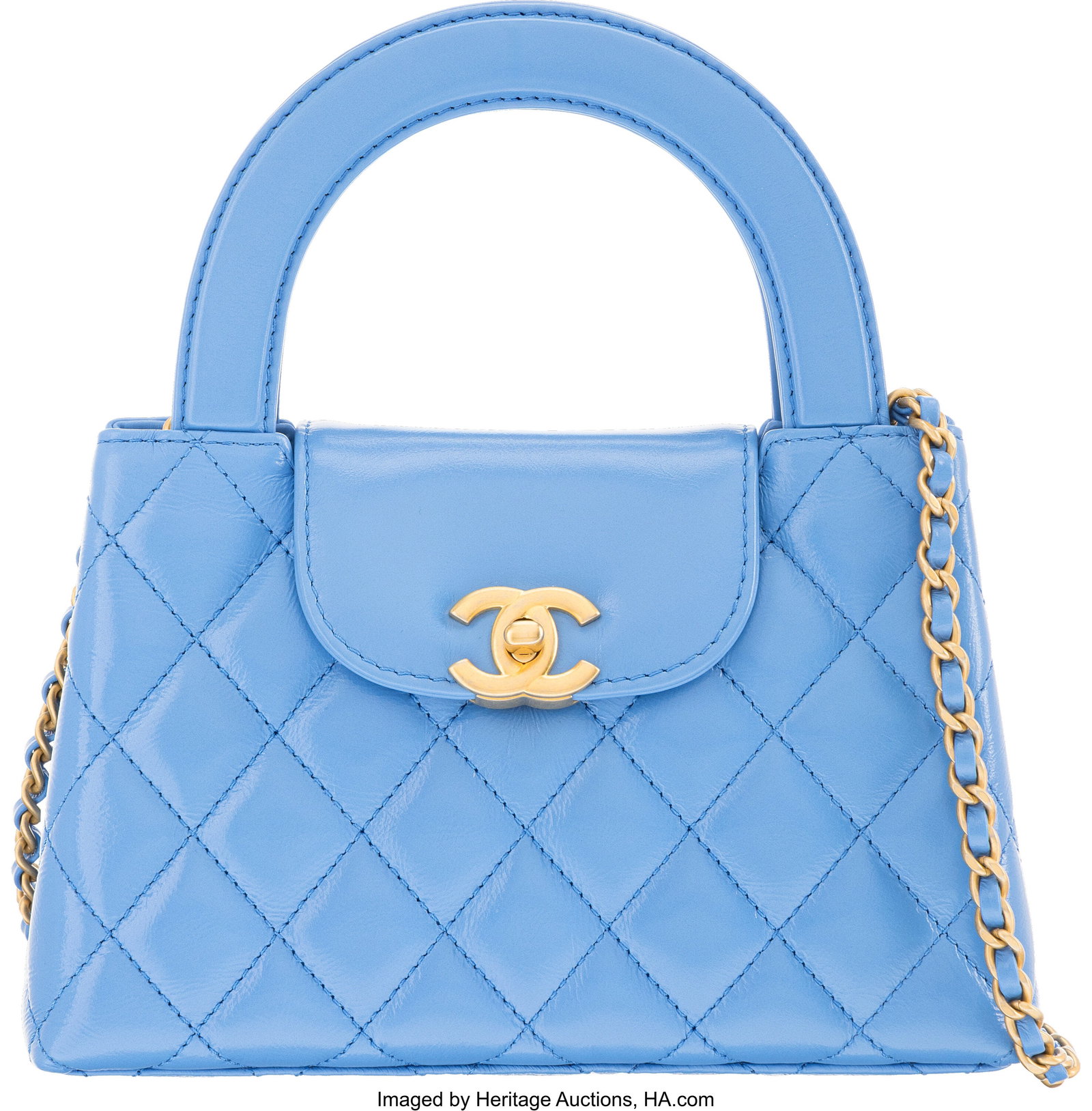 Chanel Blue Quilted Shiny Aged Calfskin Leather : Chanel Blue Quilted Shiny Aged Calfskin Leather Mini Kelly Shopper with Aged Gold Hardware Condition: 1 7.5" Width x 5" Height x 2.25" Depth This bag is done in Shiny Blue Calfskin
