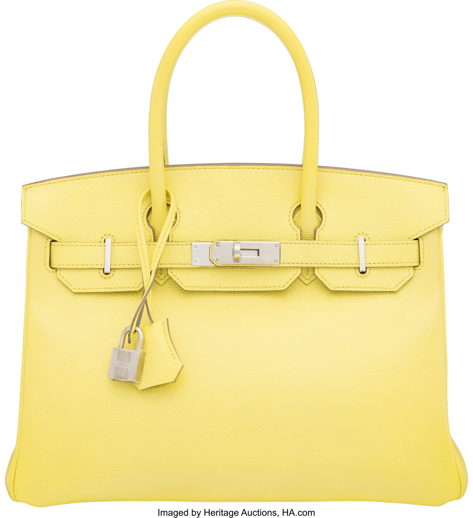 Hermès 30cm Lime Epsom Leather Birkin Bag with : Hermès 30cm Lime Epsom Leather Birkin Bag with Palladium Hardware Q Square, 2013 Condition: 2 12" Width x 8.5" Height x 6" Depth This bag is done in Lime Epsom Leather with P