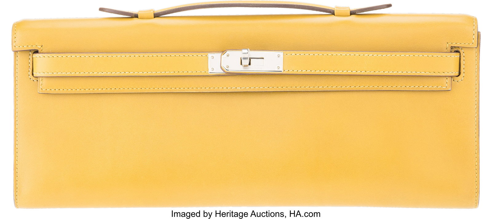 Hermès Curry Tadelakt Leather Kelly Cut Clutch : Hermès Curry Tadelakt Leather Kelly Cut Clutch with Palladium Hardware L Square, 2008 Condition: 2 12" Width x 5" Height x 1" Depth This bag is done in Curry Tadelakt Leather with P