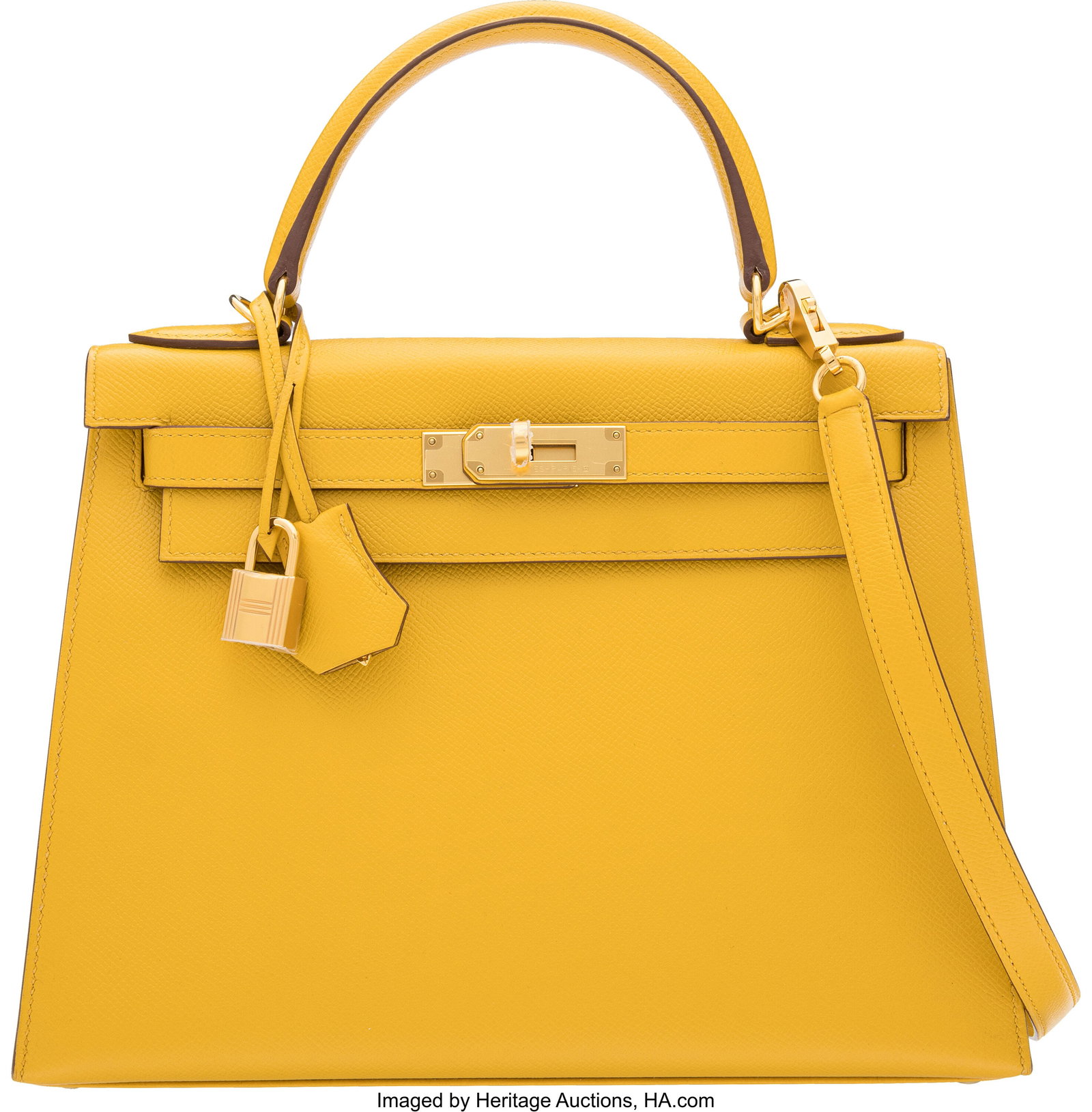 Hermès 28cm Jaune Ambre Epsom Leather Kelly Sel: Hermès 28cm Jaune Ambre Epsom Leather Kelly Sellier Bag with Gold Hardware C, 2018 Condition: 2 11" Width x 8.5" Height x 4.5" Depth This bag is done in Jaune Ambre Ep