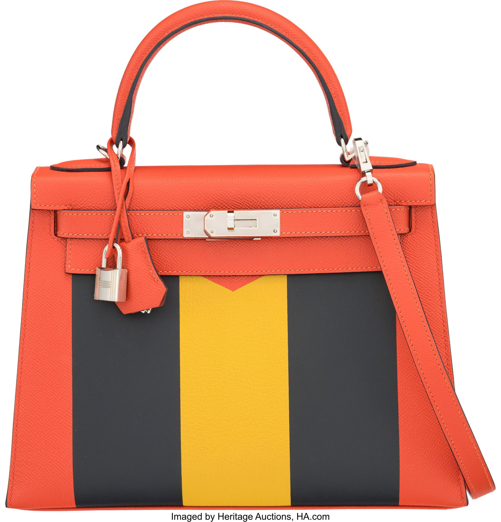 Hermès Limited Edition 28cm Capucine Epsom, Ble: Hermès Limited Edition 28cm Capucine Epsom, Bleu Obscur Sombrero, & Jaune Ambre Chevre Leathers Kellygraphie Lettre M Kelly Sellier Bag with Palladium Hardware C, 2018 Con