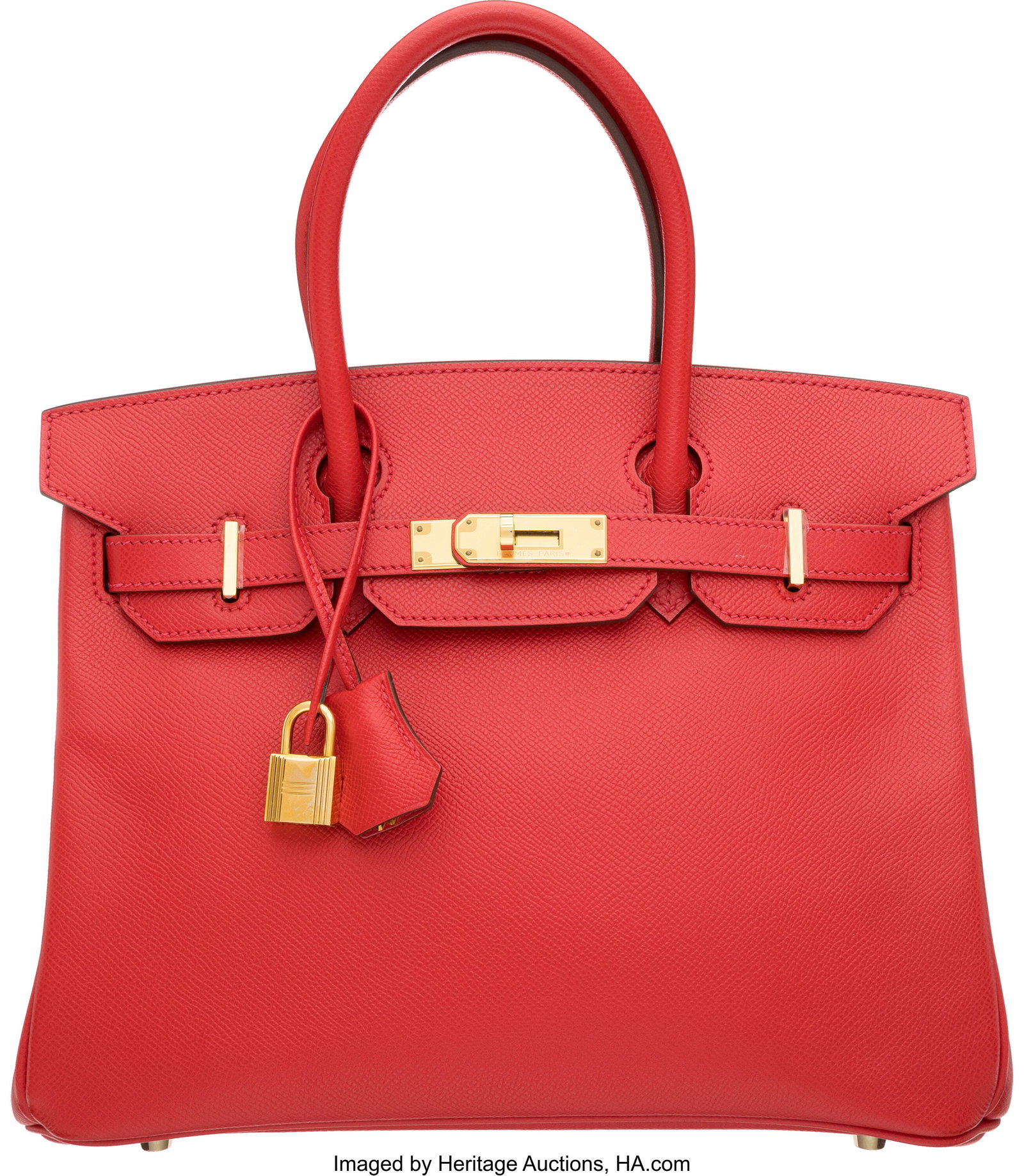 Hermès 30cm Rouge Vif Epsom Leather Birkin Bag : Hermès 30cm Rouge Vif Epsom Leather Birkin Bag with Gold Hardware N Square, 2010 Condition: 2 12" Width x 8.5" Height x 6" Depth This bag is done in Rouge Vif Epsom Leather w