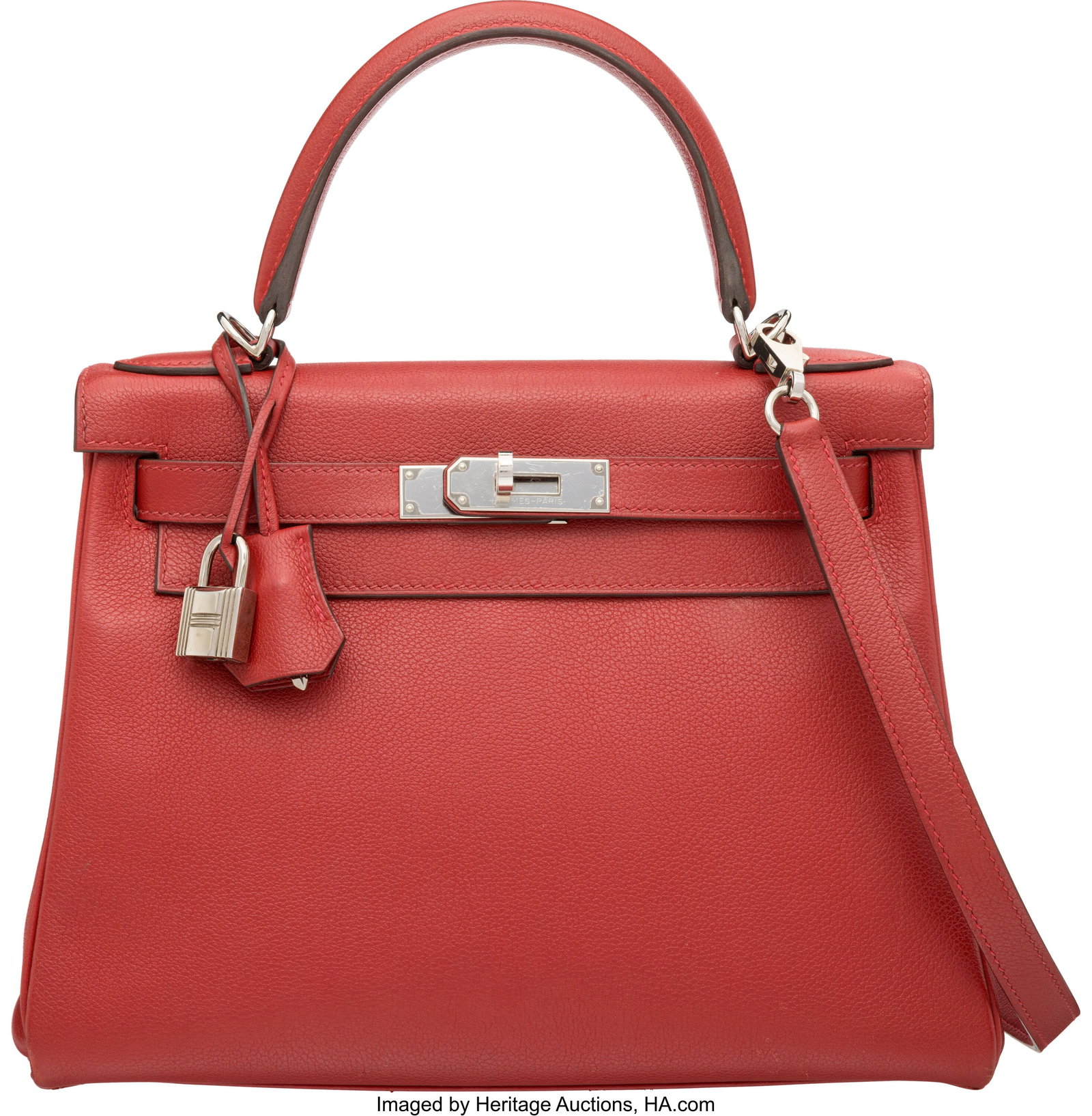 Hermès 28cm Rouge Vif Evercolor Leather Kelly R: Hermès 28cm Rouge Vif Evercolor Leather Kelly Retourne Bag with Palladium Hardware C, 2018 Condition: 2 11.5" Width x 8.25" Height x 4" Depth This bag is done in Rouge