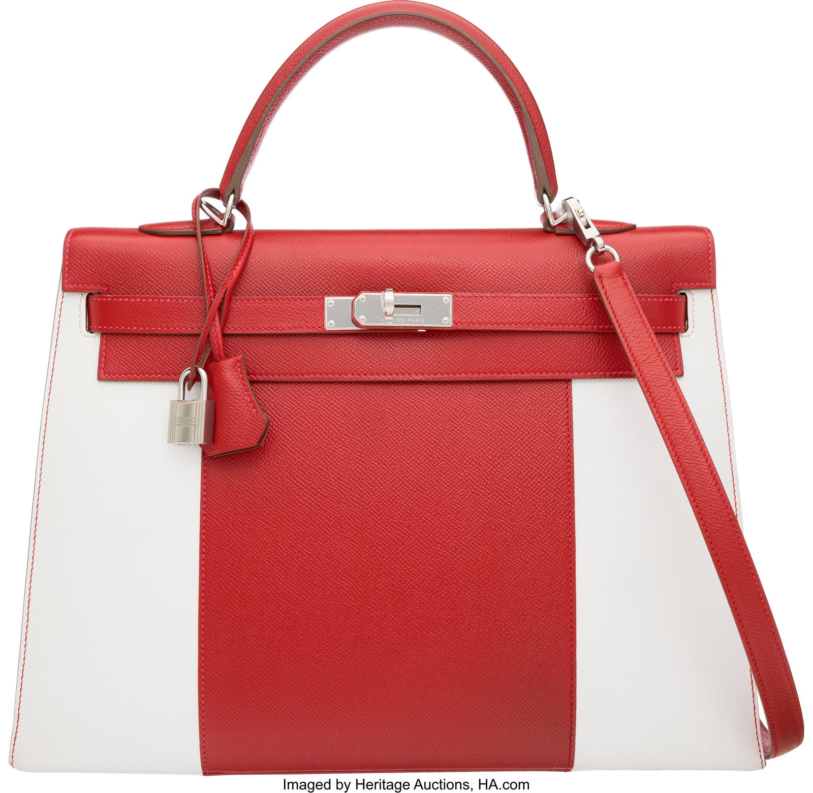 Hermès 35cm Rouge Casaque & White Epsom Leather: Hermès 35cm Rouge Casaque & White Epsom Leather Flag Kelly Sellier Bag with Palladium Hardware Q Square, 2013 Condition: 2 14" Width x 10" Height x 5" Depth This bag is done in 