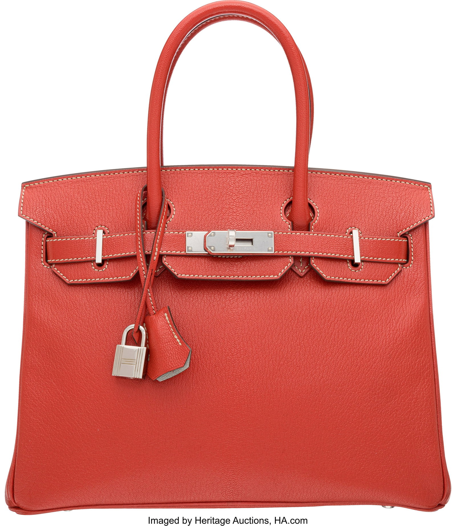 Hermès Special Order Horseshoe 30cm Rouge Tomat: Hermès Special Order Horseshoe 30cm Rouge Tomate & Gris Perle Chevre Leather Birkin Bag with Palladium Hardware X, 2016 Condition: 2 12" Width x 8.5" Height x 6" Depth Th