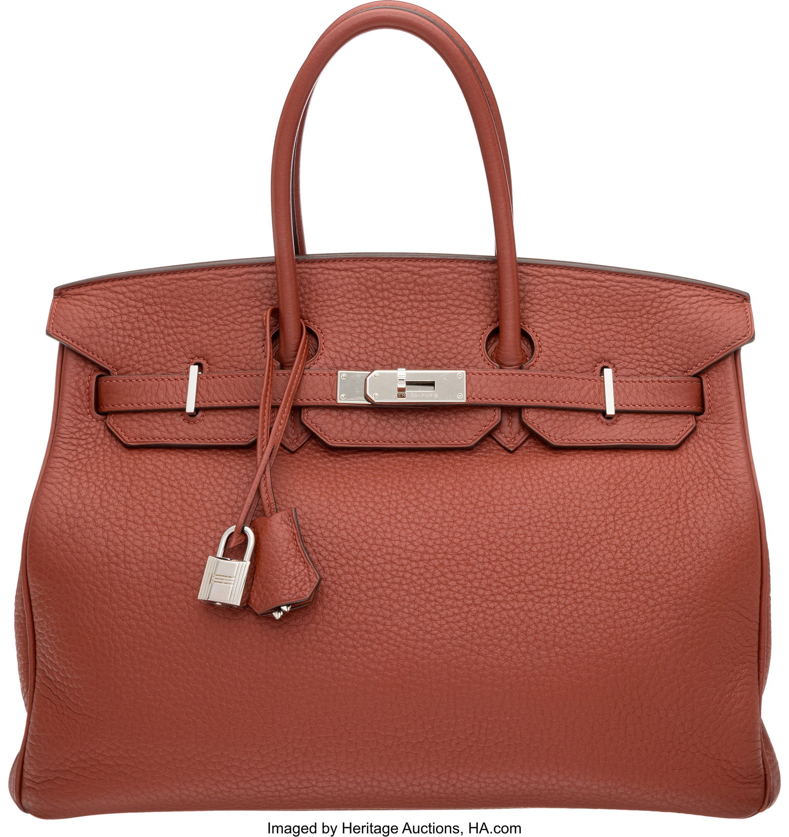 Hermès 35cm Sienne Clemence Leather Birkin Bag : Hermès 35cm Sienne Clemence Leather Birkin Bag with Palladium Hardware M Square, 2009 Condition: 3 14" Width x 10" Height x 7" Depth This bag is done in Sienne Clemence Leather with