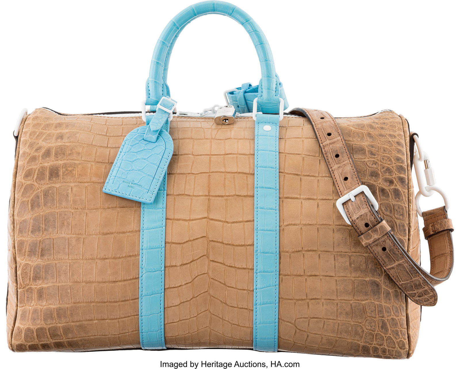 Louis Vuitton x Virgil Abloh Limited Edition Bro: Louis Vuitton x Virgil Abloh Limited Edition Brown & Blue Crocodile Keepall Bandoulière 40 Fall/Winter 2021 Condition: 2 16" Width x 9.5" Height x 8" Depth This bag is done