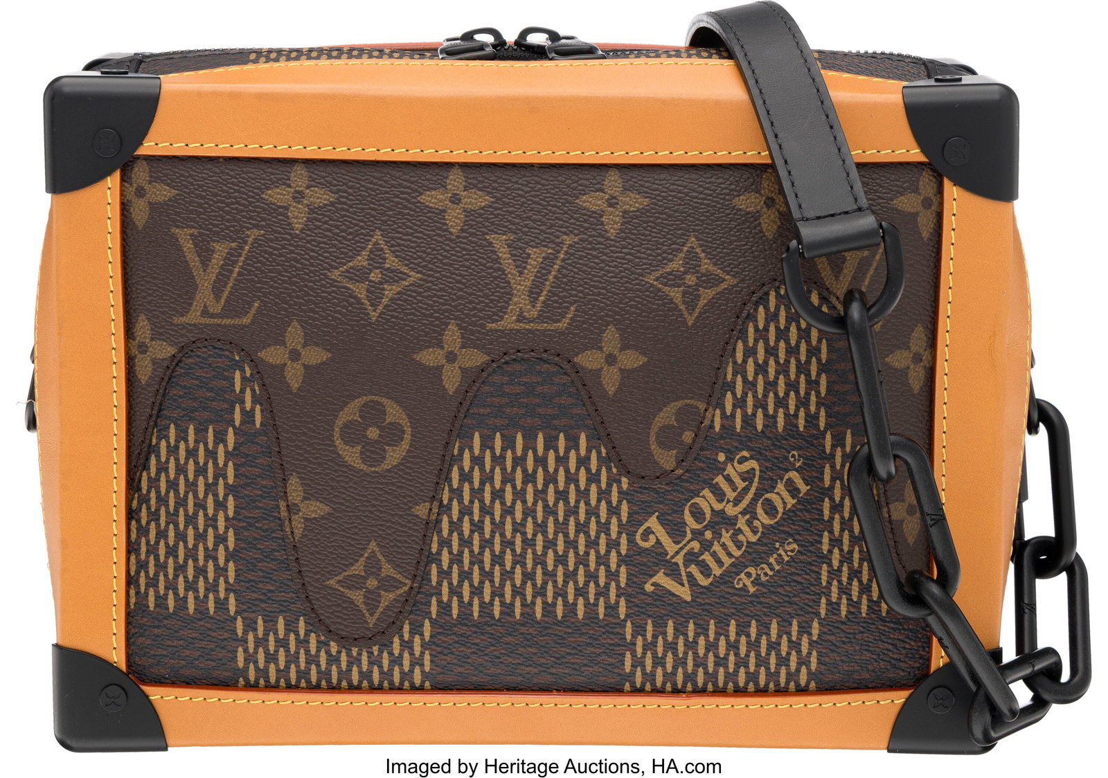 Louis Vuitton x NIGO Giant Ebene Damier & Monogr: Louis Vuitton x NIGO Giant Ebene Damier & Monogram Coated Canvas Mini Soft Trunk with Matte Black Hardware 2020 Condition: 2 9.5" Width x 7" Height x 3.25" Depth This bag is do