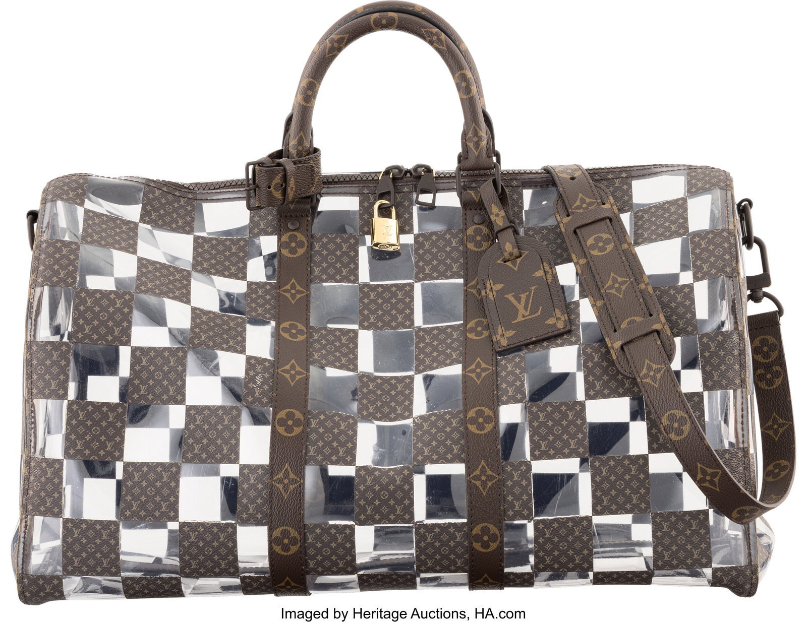 Louis Vuitton Monogram Coated Canvas & PVC Chess: Louis Vuitton Monogram Coated Canvas & PVC Chess Keepall Bandoulière 50 Condition: 2 20" Width x 11.5" Height x 9" Depth This bag is done in Monogram Coated Canvas and PVC with