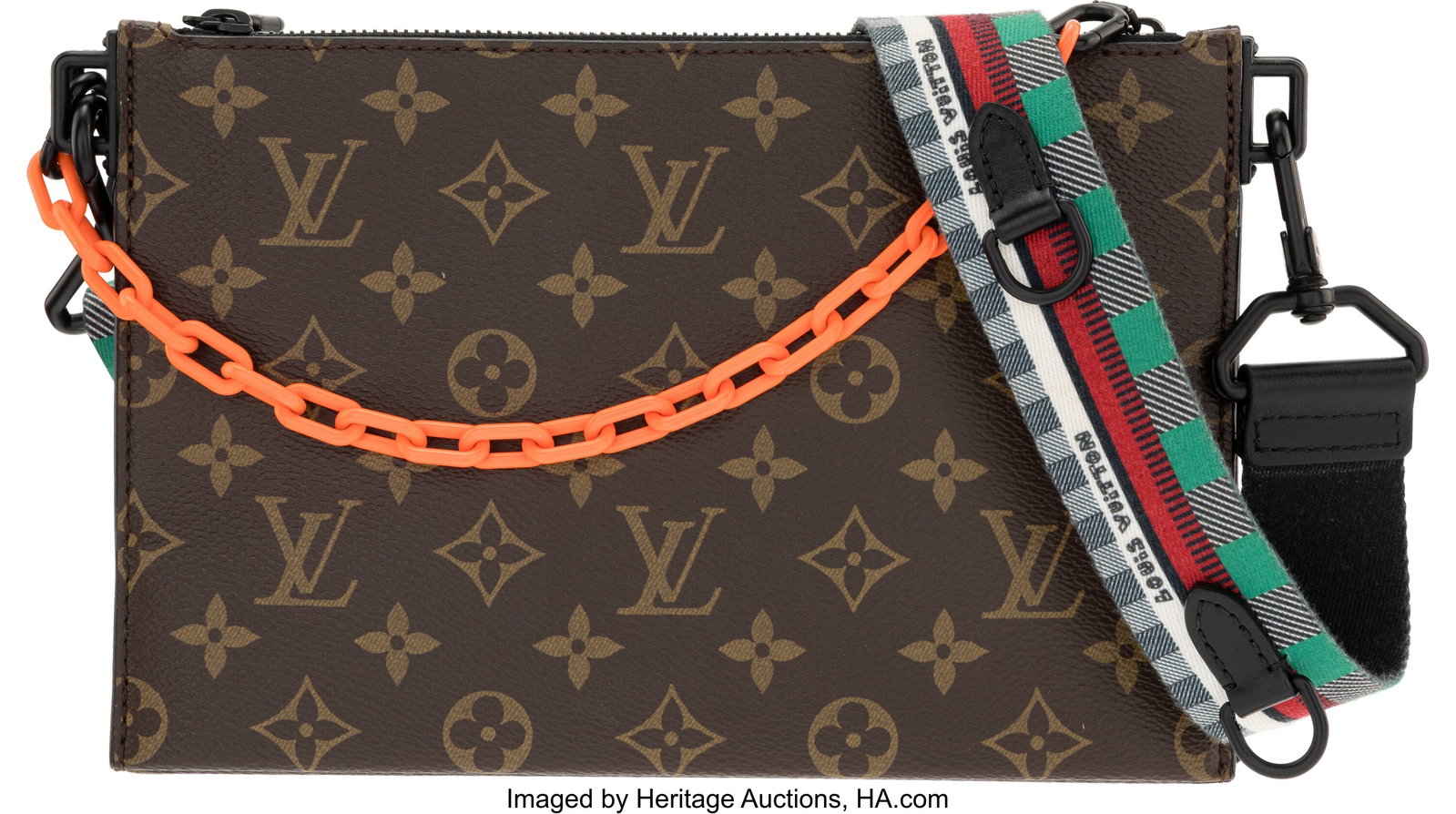 Louis Vuitton x Virgil Abloh Monogram Coated Can: Louis Vuitton x Virgil Abloh Monogram Coated Canvas & Black Monogram Taurillon Leather Trio Pouch 2022 Condition: 2 10" Width x 6.5" Height x 1" Depth This bag is done in Monogram Coa