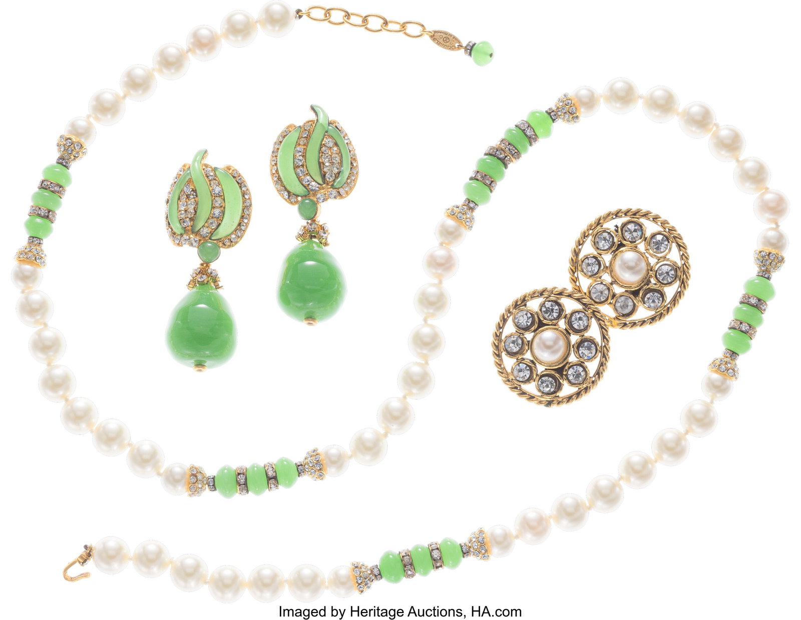 Chanel Set of Three: Vintage Gripoix Necklace & : Chanel Set of Three: Vintage Gripoix Necklace & Earrings See Extended Condition Report for Details. This set includes: Chanel Vintage Gold Plated Green Gripoix & Crystal Cli
