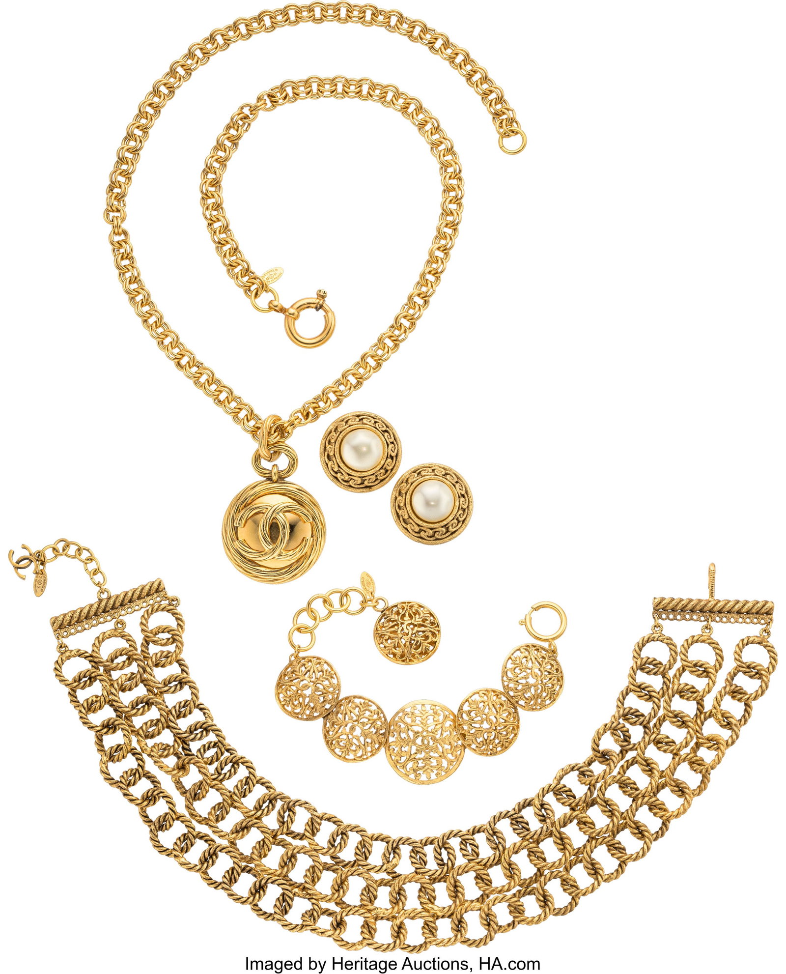 Chanel Set of Four: Vintage Necklaces, Bracelet,: Chanel Set of Four: Vintage Necklaces, Bracelet, & Earrings See Extended Condition Report for Details. This set includes: Chanel Vintage Gold Plated CC Pendant Neckl