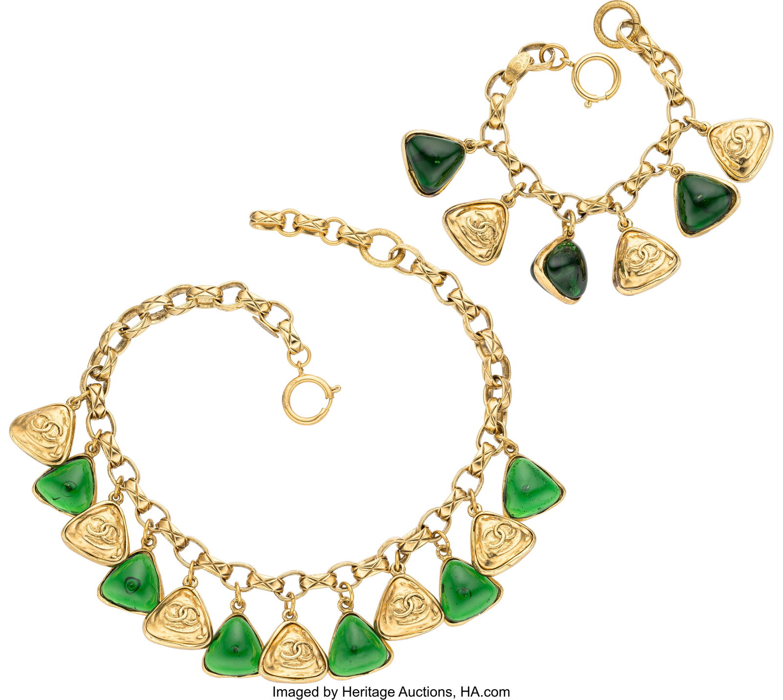 Chanel Set of Two: Vintage Green Gripoix Charm N: Chanel Set of Two: Vintage Green Gripoix Charm Necklace & Bracelet See Extended Condition Report for Details. This set includes: Chanel Vintage Gold Plated Green Gripoix CC Char