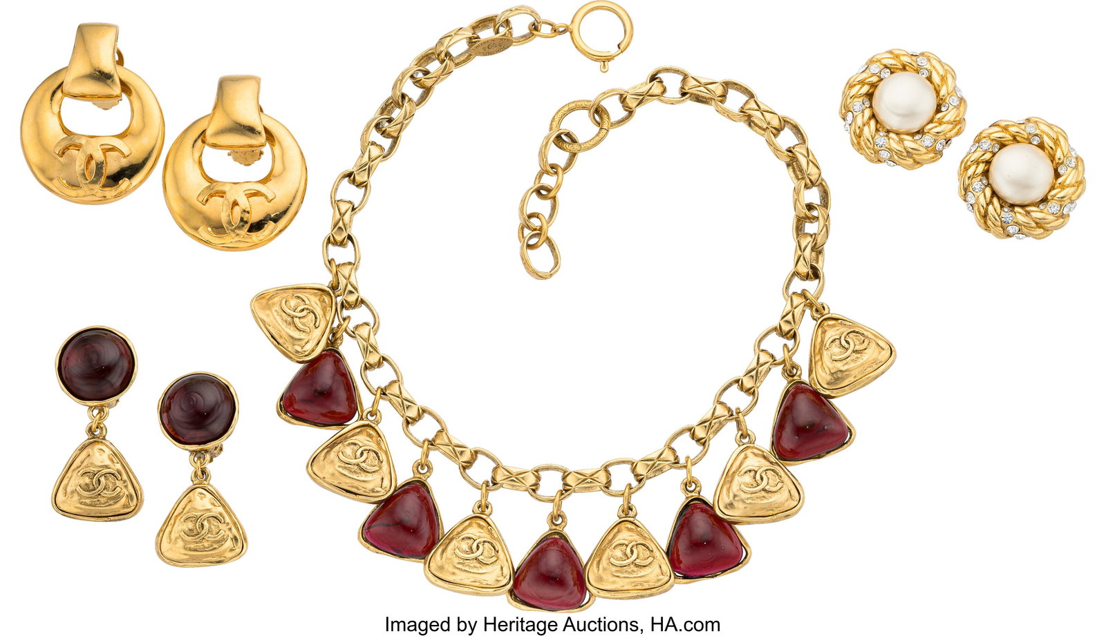 Chanel Set of Four: Vintage Gripoix Necklace & E: Chanel Set of Four: Vintage Gripoix Necklace & Earrings See Extended Condition Report for Details. This set includes: Chanel Vintage Gold Plated Red Gripoix CC Charm Necklace &l