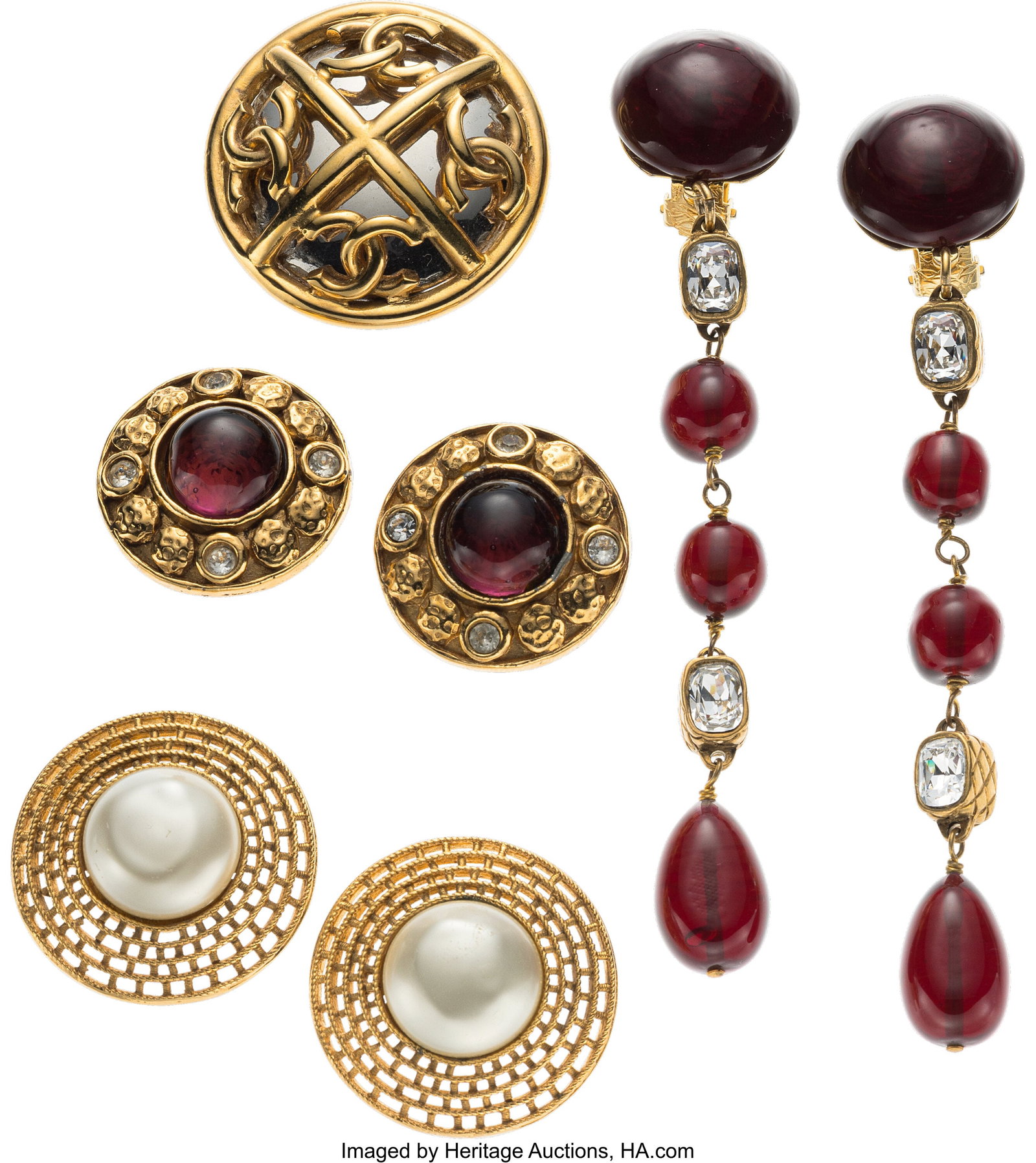 Chanel Set of Four: Vintage Gripoix Earrings, Fa: Chanel Set of Four: Vintage Gripoix Earrings, Faux Pearl Earrings, & Brooch See Extended Condition Report for Details. This set includes: Chanel Vintage Gold Plated 