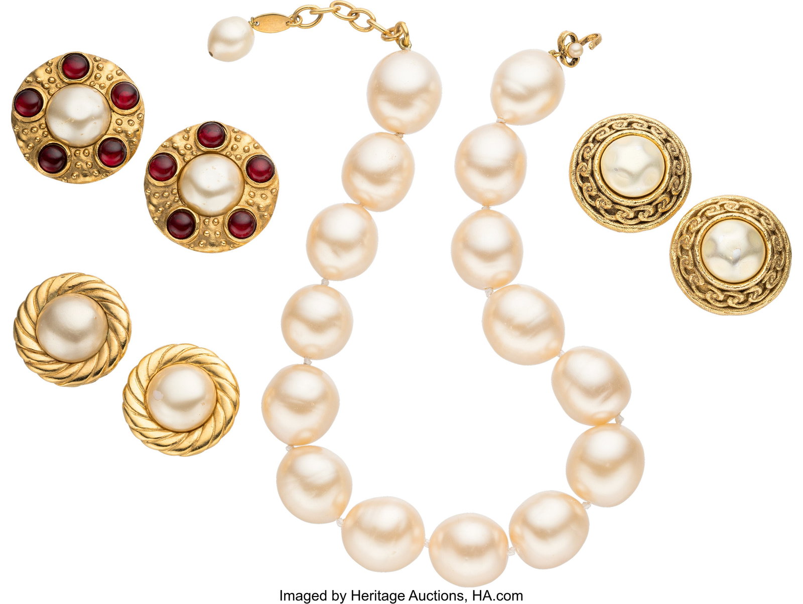 Chanel Set of Three: Faux Pearl Choker Necklace : Chanel Set of Three: Faux Pearl Choker Necklace & Earrings See Extended Condition Report for Details. This set includes: Chanel Vintage Gold Plated Faux Pearl Choker Necklace &l
