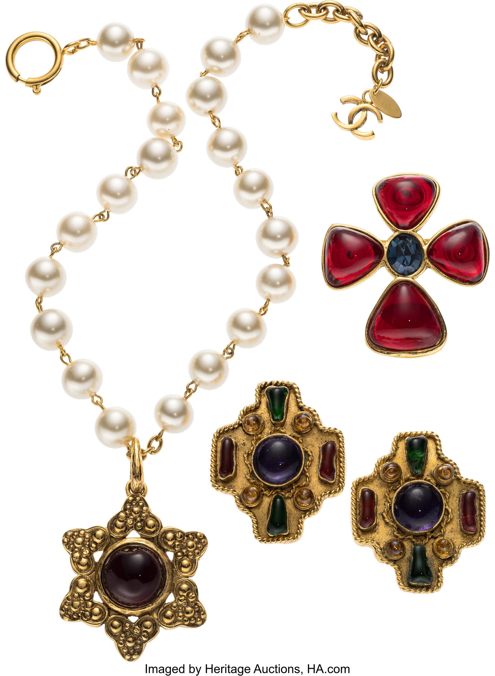 Chanel Set of Three: Vintage Gripoix Earrings, N: Chanel Set of Three: Vintage Gripoix Earrings, Necklace, & Brooch See Extended Condition Report for Details. This set includes: Chanel Vintage Gold Plated Multicolor