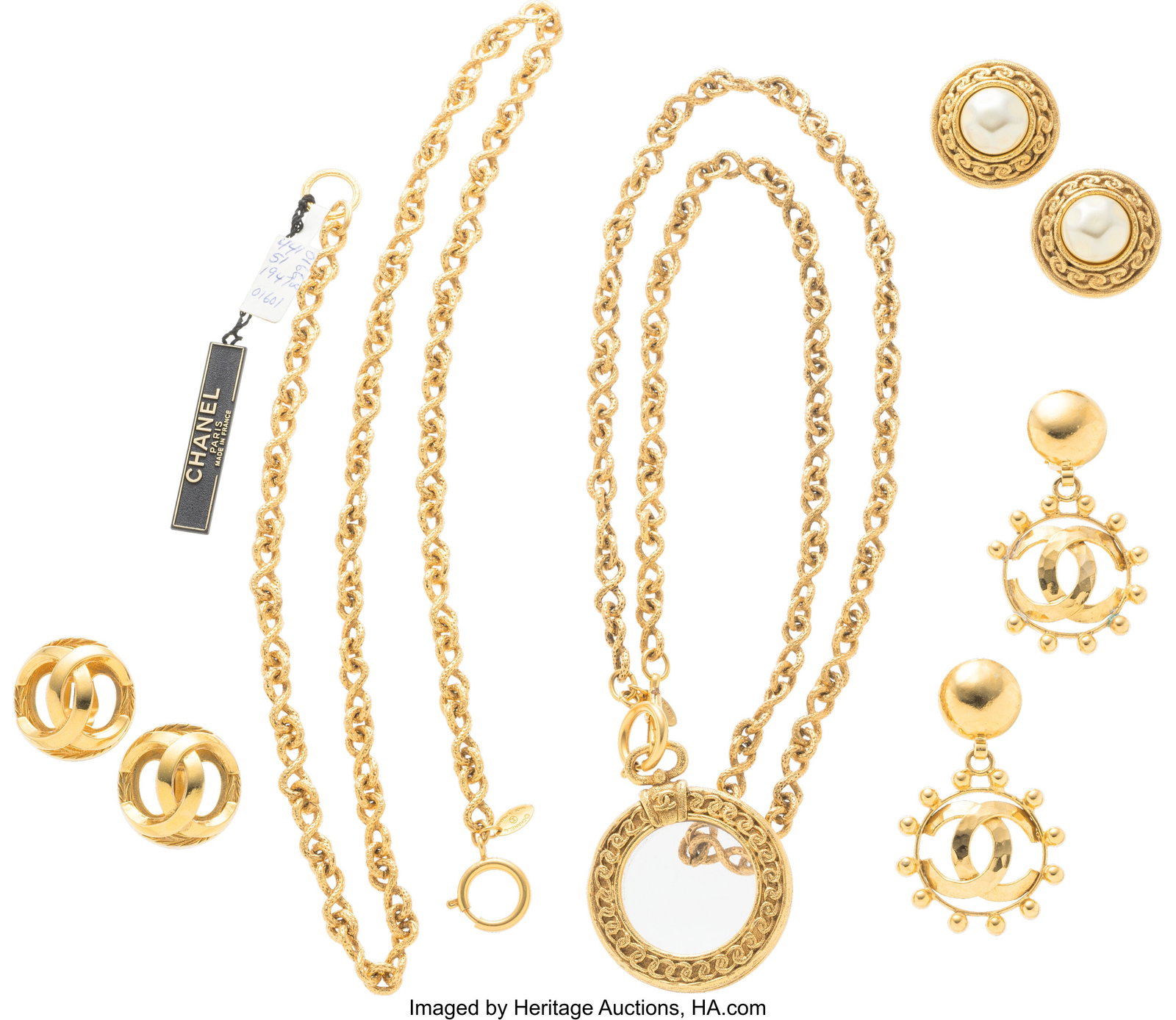 Chanel Set of Five: Vintage Gold Earrings and N: Chanel Set of Five: Vintage Gold Earrings and Necklaces See Extended Condition Report for Details. This set includes: Gold Plated CC Clip-On Earrings (Attributed to Chanel&comm