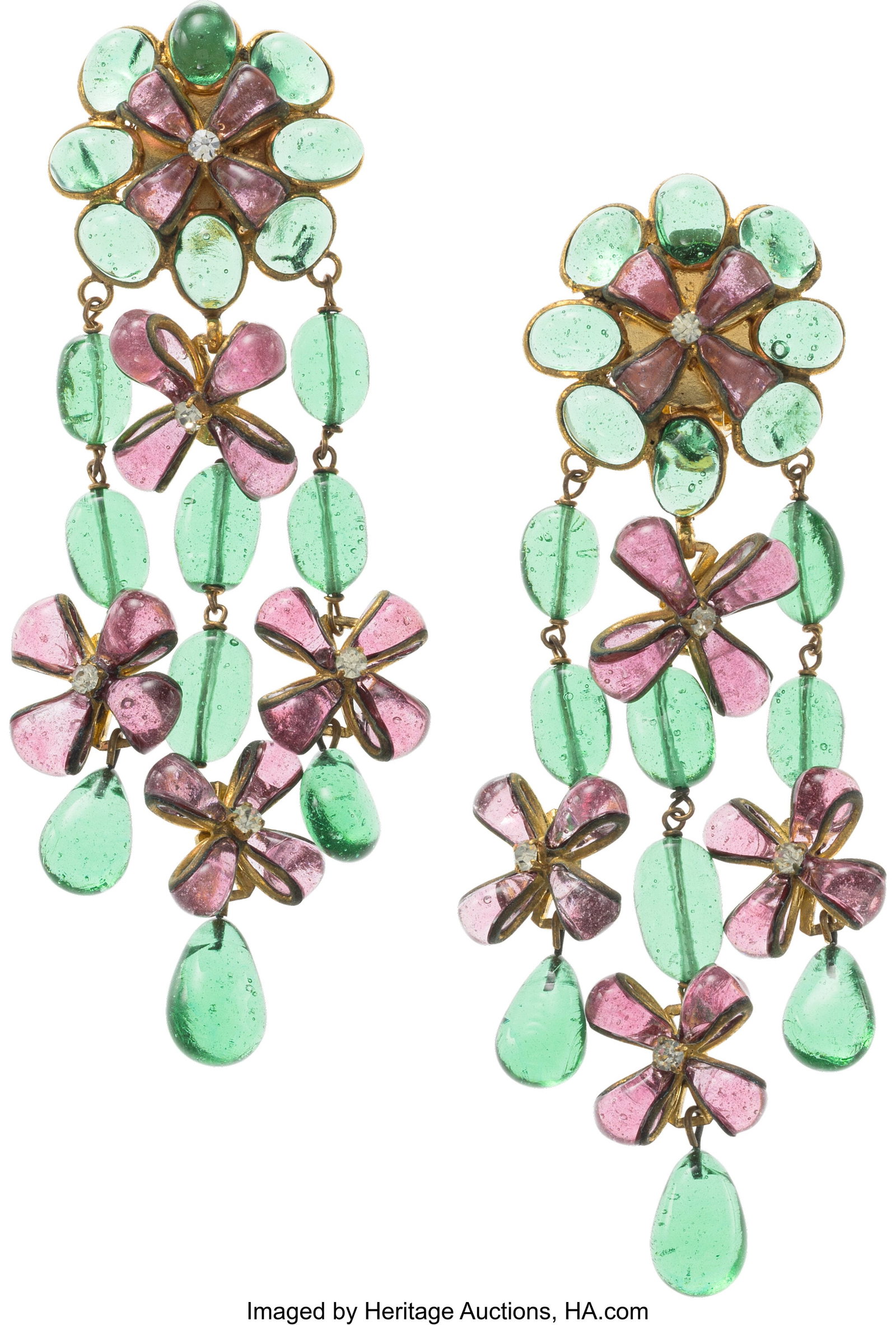 Chanel Vintage Green & Purple Gripoix Floral Dro: Chanel Vintage Green & Purple Gripoix Floral Drop Clip On Earrings Spring 1993 Condition: 2 4" Length x 1.5" Width These earrings are Gold Plated, featuring Green and Purple Gri