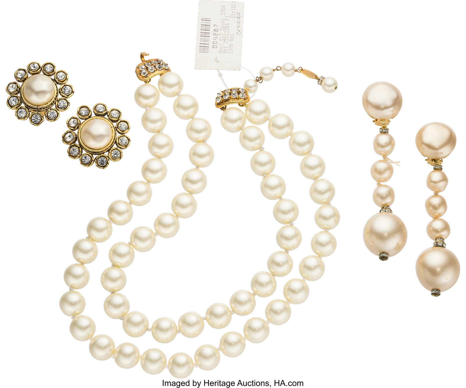Chanel Set of Three: Vintage Faux Pearl Earrings: Chanel Set of Three: Vintage Faux Pearl Earrings & Necklace See Extended Condition Report for Details. This set includes: Chanel Vintage Faux Pearl & Crystal Drop Clip On Ea