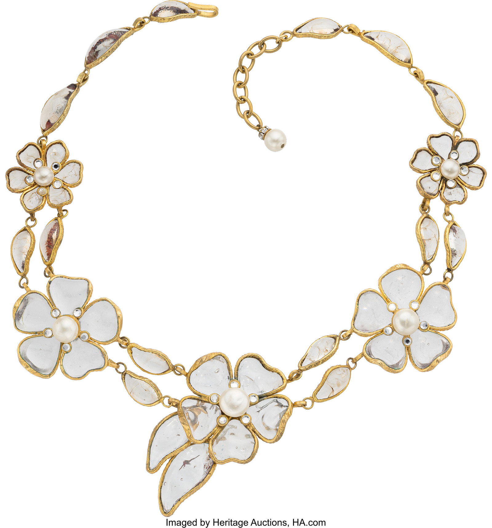 Chanel Vintage Gold Plated Gripoix Glass & Faux : Chanel Vintage Gold Plated Gripoix Glass & Faux Pearl Flower Necklace Circa 1970s-1980s Condition: 2 19" Length x 1.75" Width This necklace is Gold Plated, featuring Gripoix Gla