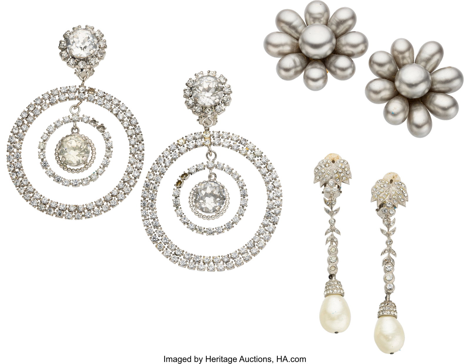 Chanel Set of Three: Vintage Crystal & Faux Pear: Chanel Set of Three: Vintage Crystal & Faux Pearl Earrings See Extended Condition Report for Details. This set includes: Chanel Vintage Silver Plated Crystal & Faux Pearl Dr