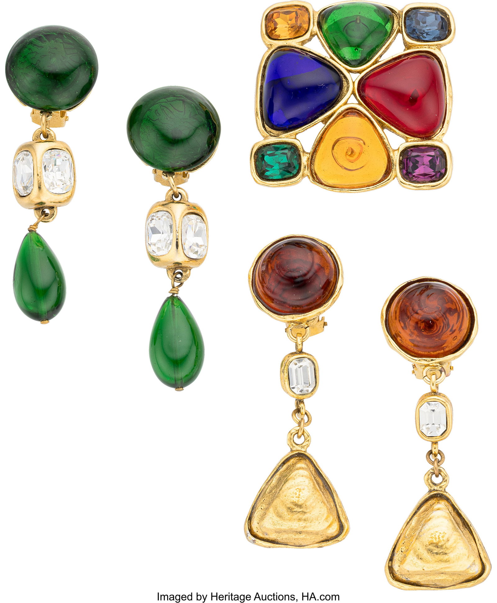 Chanel Set of Three: Vintage Gripoix Brooch & Ea: Chanel Set of Three: Vintage Gripoix Brooch & Earrings See Extended Condition Report for Details. This set includes: Chanel Vintage Gold Plated Multicolor Gripoix Brooch (1