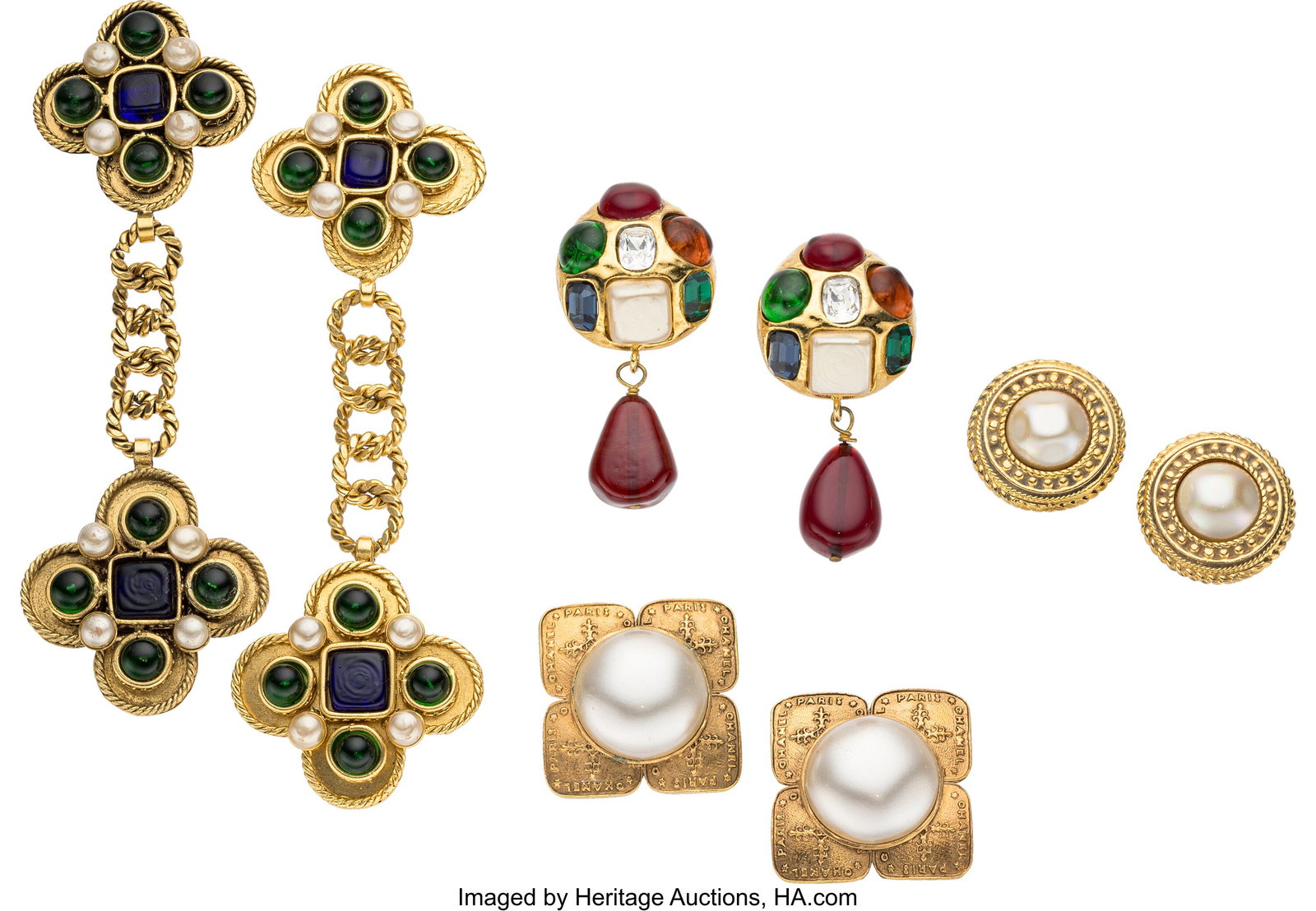 Chanel Set of Four: Vintage Faux Pearl & Gripoix: Chanel Set of Four: Vintage Faux Pearl & Gripoix Earrings See Extended Condition Report for Details. This set includes: Chanel Vintage Gold Plated Multicolor Gripoix, Faux