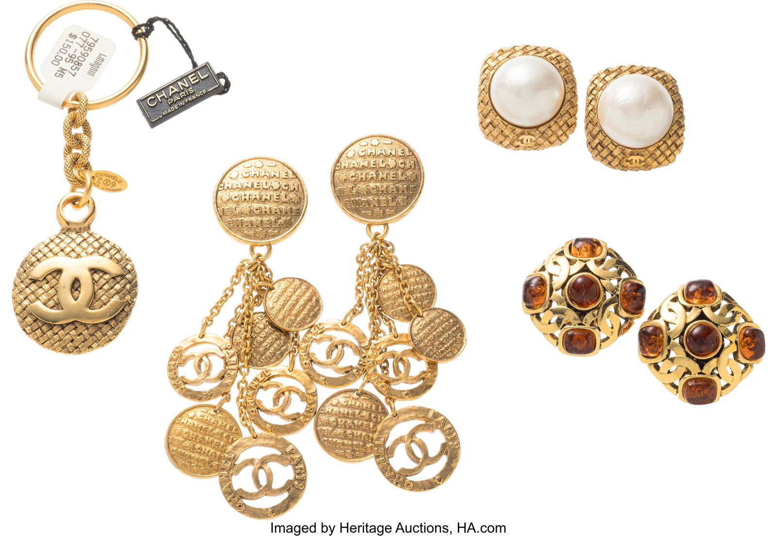 Chanel Set of Four: Vintage Gripoix and Faux Pea: Chanel Set of Four: Vintage Gripoix and Faux Pearl Earrings & Gold Key Chain See Extended Condition Report for Details. This set includes: Chanel Vintage Gold Plated CC Drop Cli