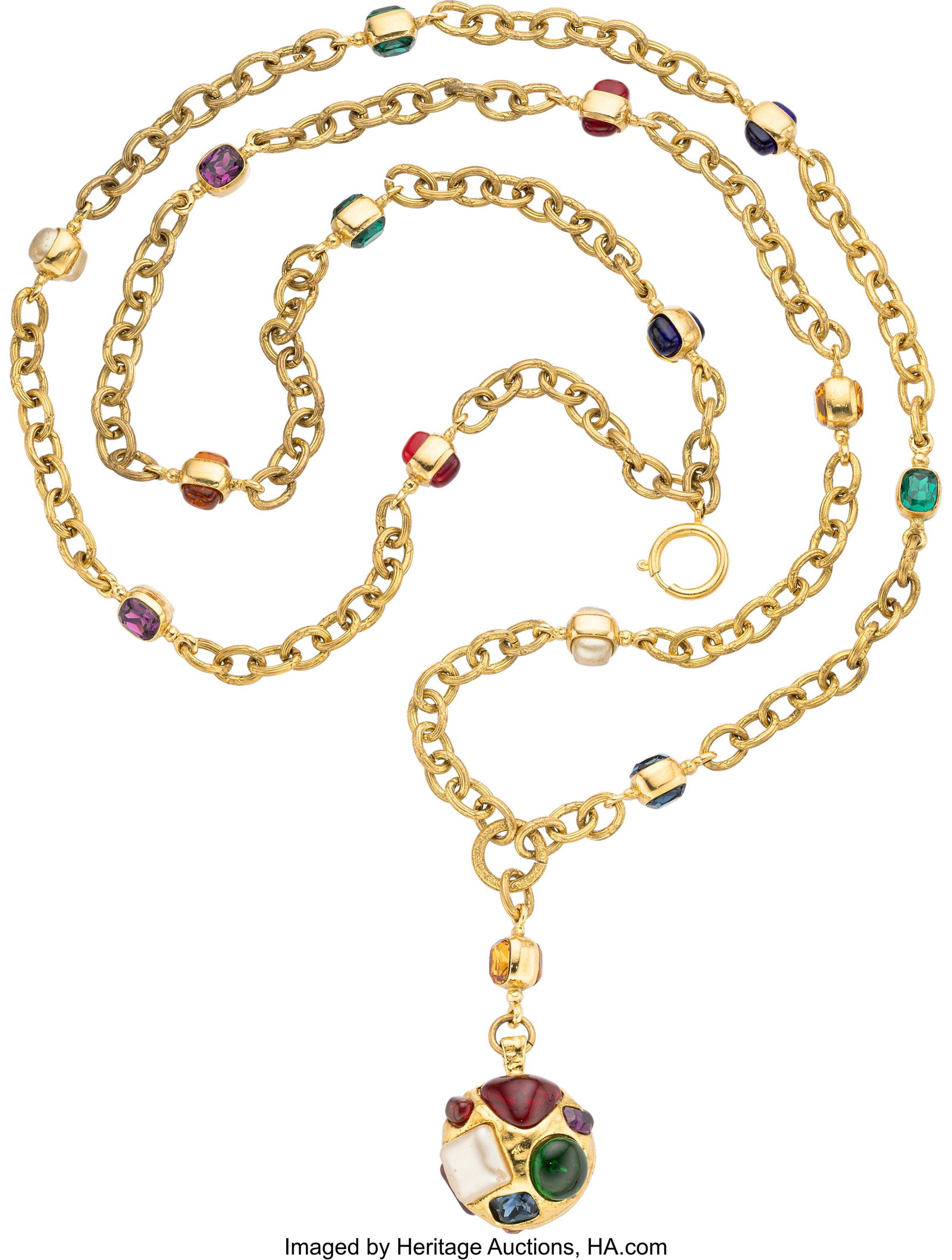 Chanel Vintage Gold Plated Multicolor Gripoix & : Chanel Vintage Gold Plated Multicolor Gripoix & Faux Pearl Pendant Necklace 1990-1991 Condition: 2 31" Length This necklace is Gold Plated, featuring Multicolor Gripoix and Faux Pearl 