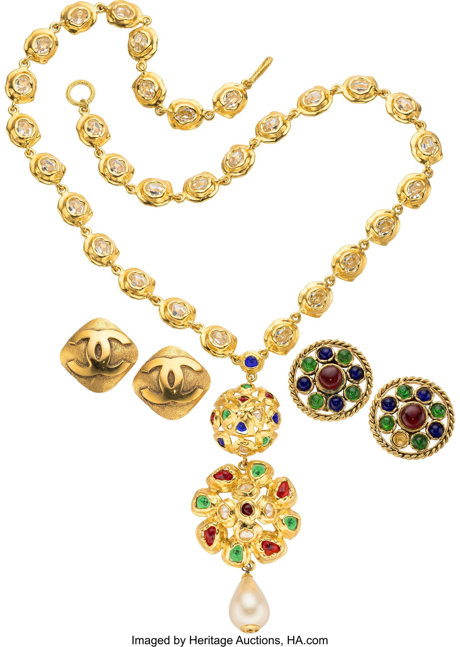 Chanel Set of Three: Vintage Gripoix Necklace & : Chanel Set of Three: Vintage Gripoix Necklace & Earrings See Extended Condition Report for Details. This set includes: Chanel Vintage Gold Plated Multicolor Gripoix, Faux 