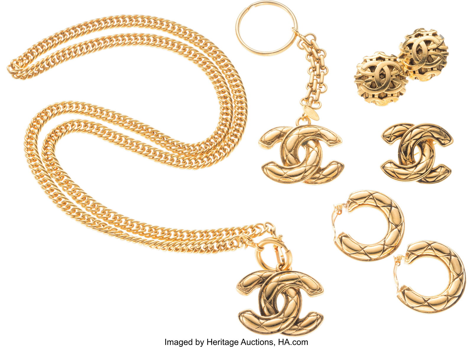 Chanel Set of Five: Gold Brooch, Earrings, Key C: Chanel Set of Five: Gold Brooch, Earrings, Key Chain, & Necklace See Extended Condition Report for Details. This set includes: Chanel Vintage Gold Plated Quilt