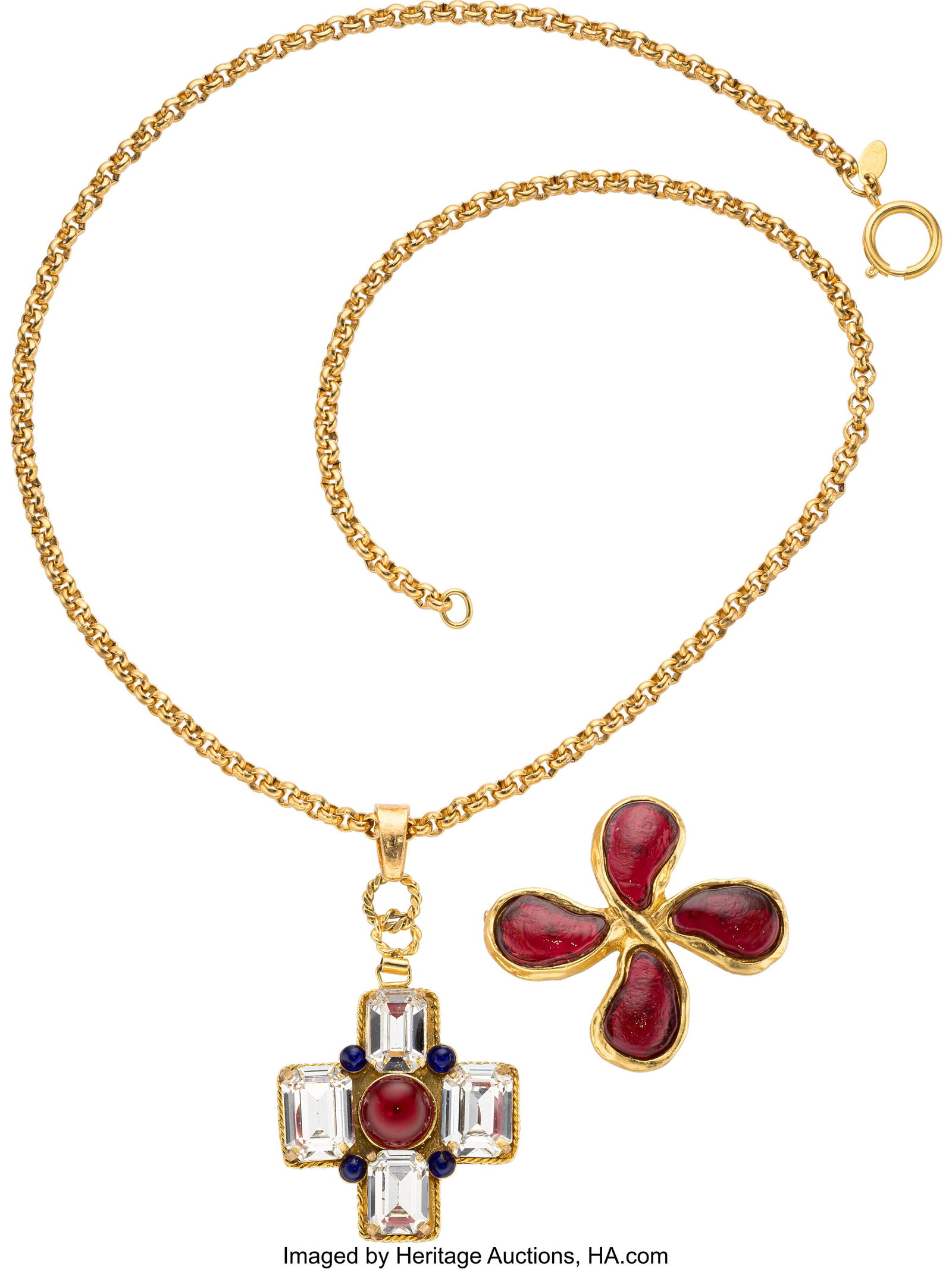 Chanel Set of Two: Vintage Gripoix & Crystal Cro: Chanel Set of Two: Vintage Gripoix & Crystal Cross Necklace and Gripoix Brooch See Extended Condition Report for Details. This set includes: Chanel Vintage Gold Plated Gripoix a