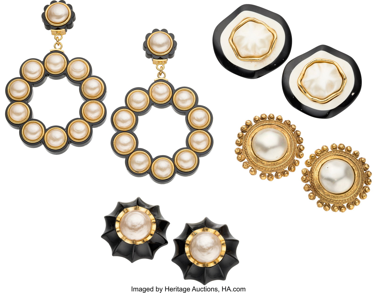 Chanel Set of Four: Vintage Faux Pearl & Enamel : Chanel Set of Four: Vintage Faux Pearl & Enamel Earrings See Extended Condition Report for Details. This set includes: Chanel Vintage Faux Pearl & Black Enamel Clip On Hoop 