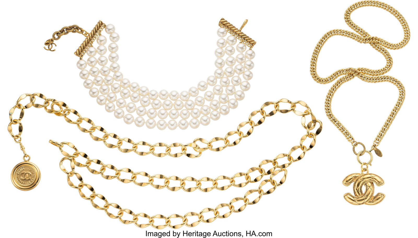Chanel Set of Three: Vintage Multistrand Pearl N: Chanel Set of Three: Vintage Multistrand Pearl Necklace, CC Necklace, & Belt See Extended Condition Report for Details. This set includes: Chanel Vintage Gold Plated