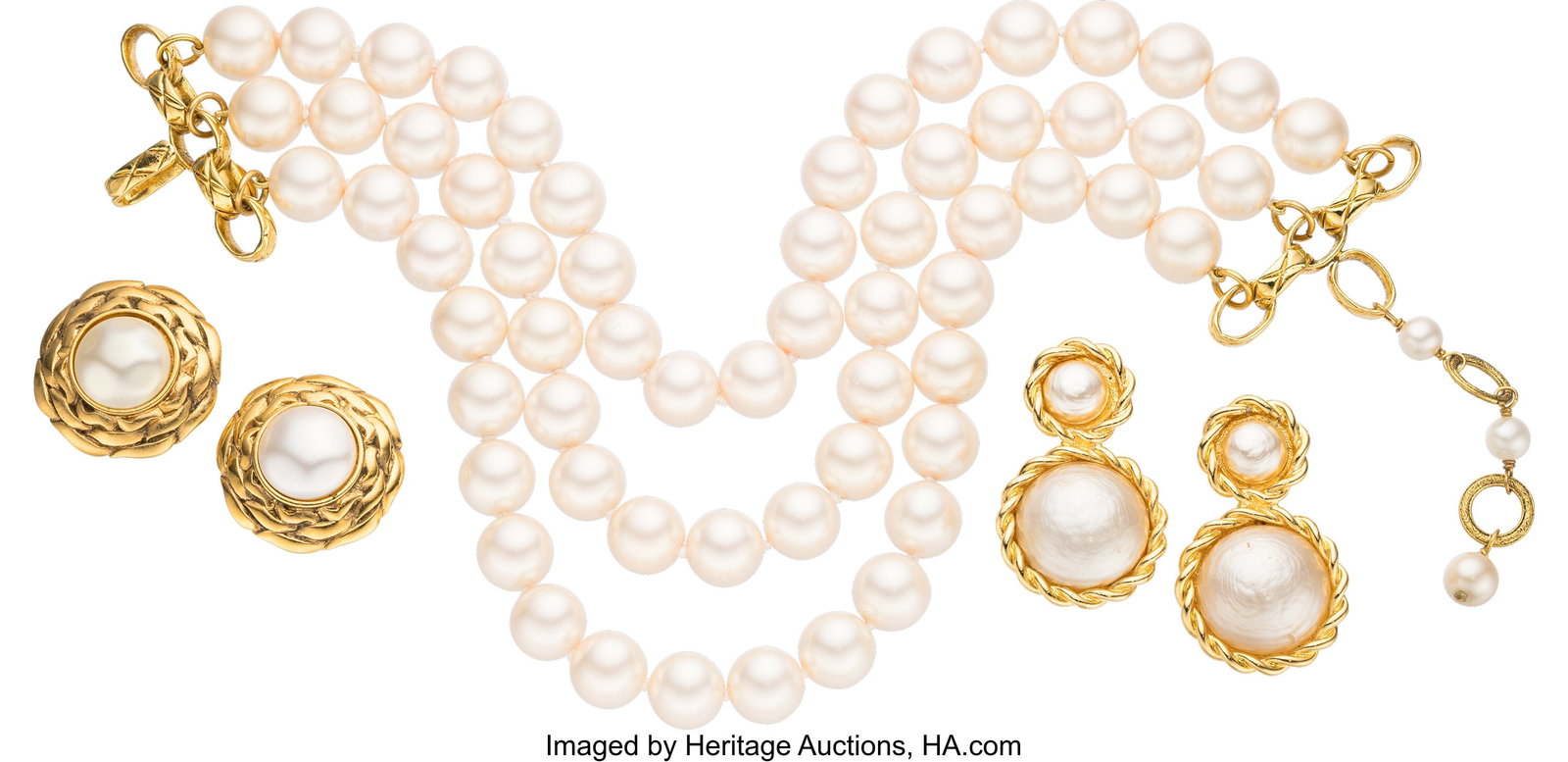 Chanel Set of Three: Vintage Faux Pearl Necklace: Chanel Set of Three: Vintage Faux Pearl Necklace & Earrings See Extended Condition Report for Details. This set includes: Chanel Vintage Gold Plated Faux Pearl Multi-Strand Neck