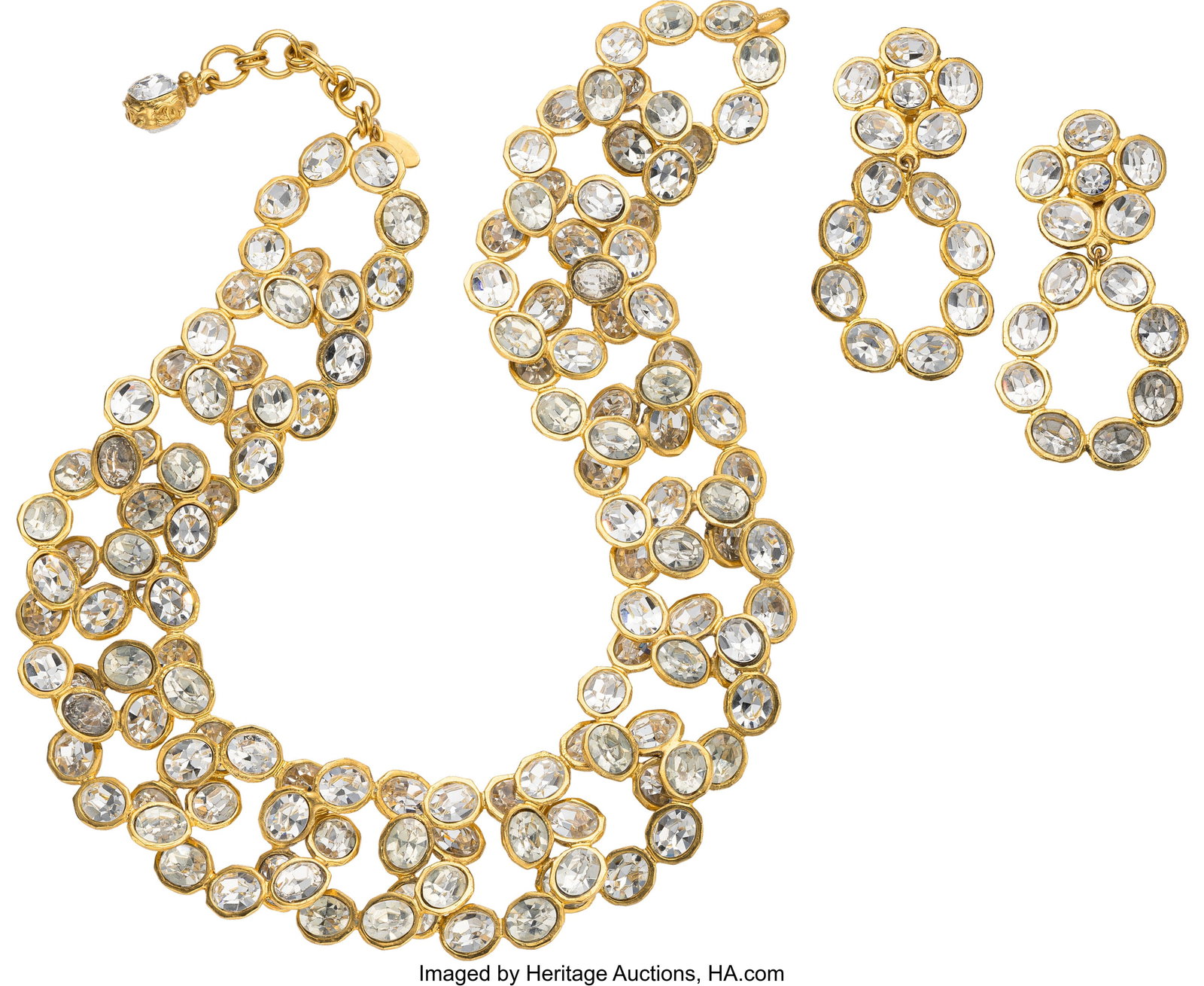 Chanel Set of Two: Vintage Gold Crystal Necklace: Chanel Set of Two: Vintage Gold Crystal Necklace & Earrings See Extended Condition Report for Details. This set includes: Chanel Vintage Gold Plated Crystal Necklace (Sprin