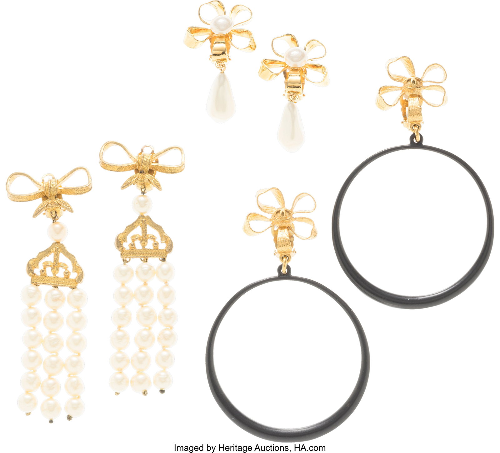 Chanel Set of Three: Gold & Faux Pearl Earrings : Chanel Set of Three: Gold & Faux Pearl Earrings See Extended Condition Report for Details. This set includes: Chanel Vintage Gold Plated & Faux Pearl Flower Drop Clip On Ear