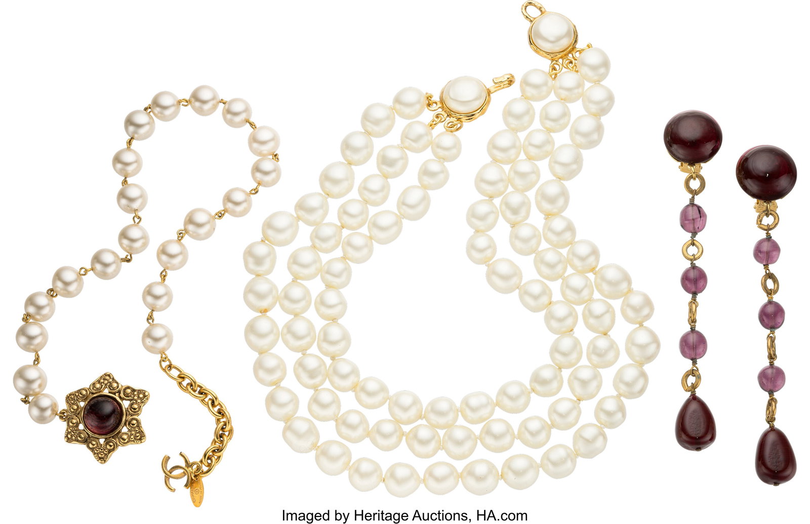Chanel Set of Three: Vintage Faux Pearl Necklace: Chanel Set of Three: Vintage Faux Pearl Necklaces & Gripoix Earrings See Extended Condition Report for Details. This set includes: Chanel Vintage Gold Plated Faux Pearl Triple S