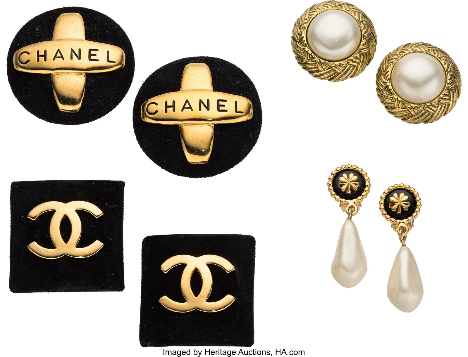 Chanel Set of Four: Vintage Black & Gold, Faux P: Chanel Set of Four: Vintage Black & Gold, Faux Pearl Earrings See Extended Condition Report for Details. This set includes: Chanel Vintage Gold Plated & Black Suede Ro