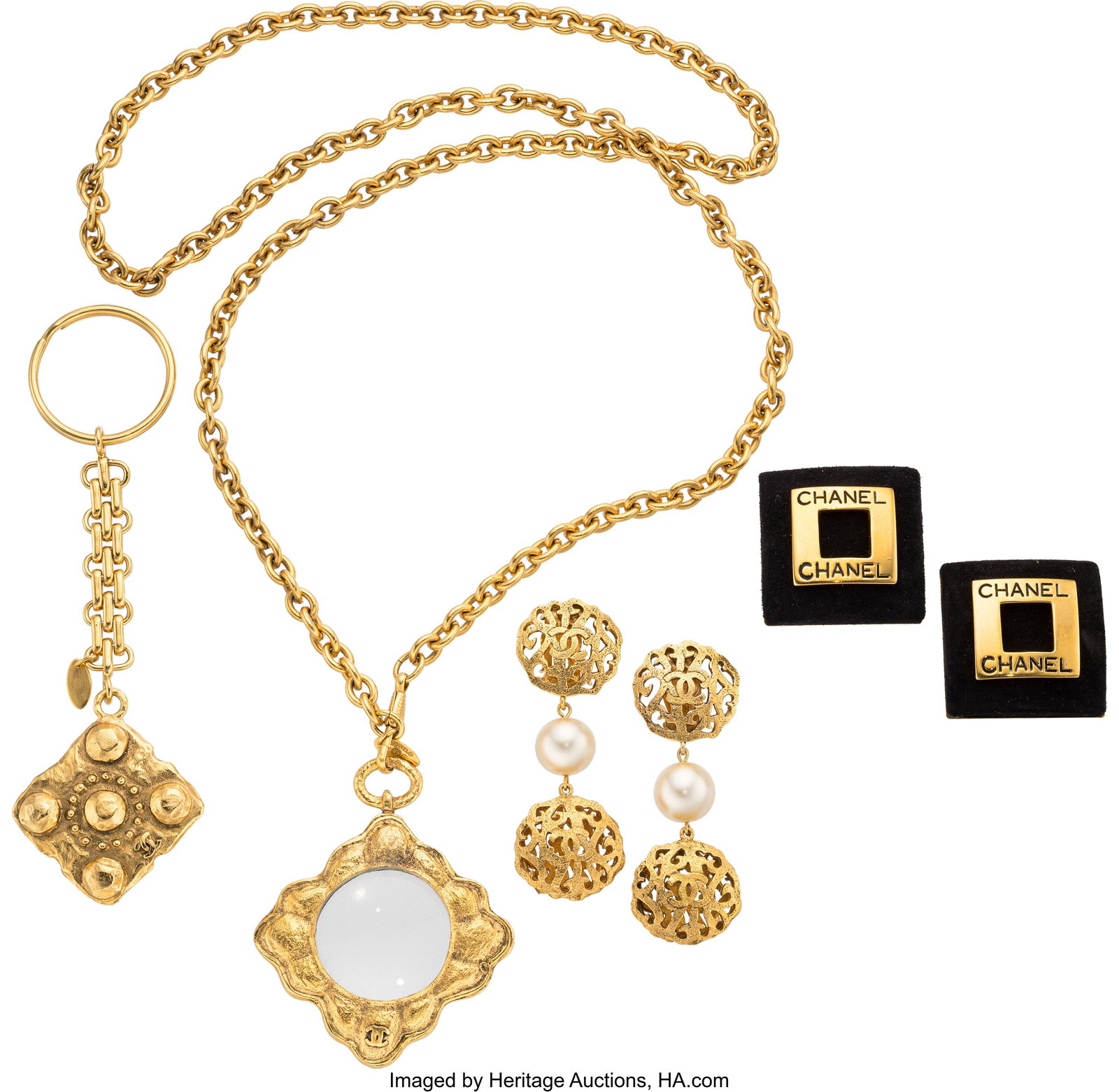 Chanel Set of Four: Vintage Pendant Necklace, Ea: Chanel Set of Four: Vintage Pendant Necklace, Earrings, & Keychain See Extended Condition Report for Details. This set includes: Chanel Vintage Gold Plated Magnifyin