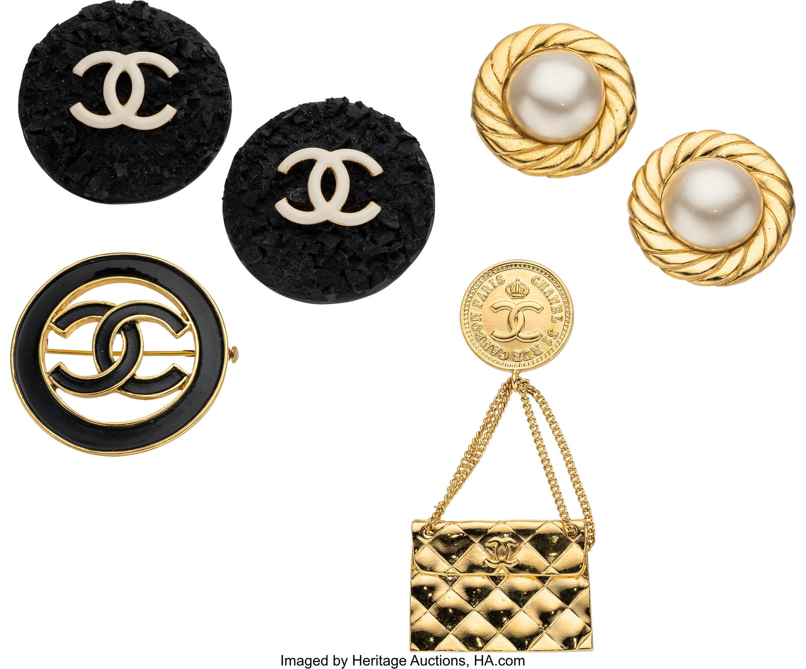 Chanel Set of Four: Vintage Earrings & Brooches : Chanel Set of Four: Vintage Earrings & Brooches See Extended Condition Report for Details. This set includes: Chanel Vintage Gold Plated Black & White Enamel CC Clip On Earr