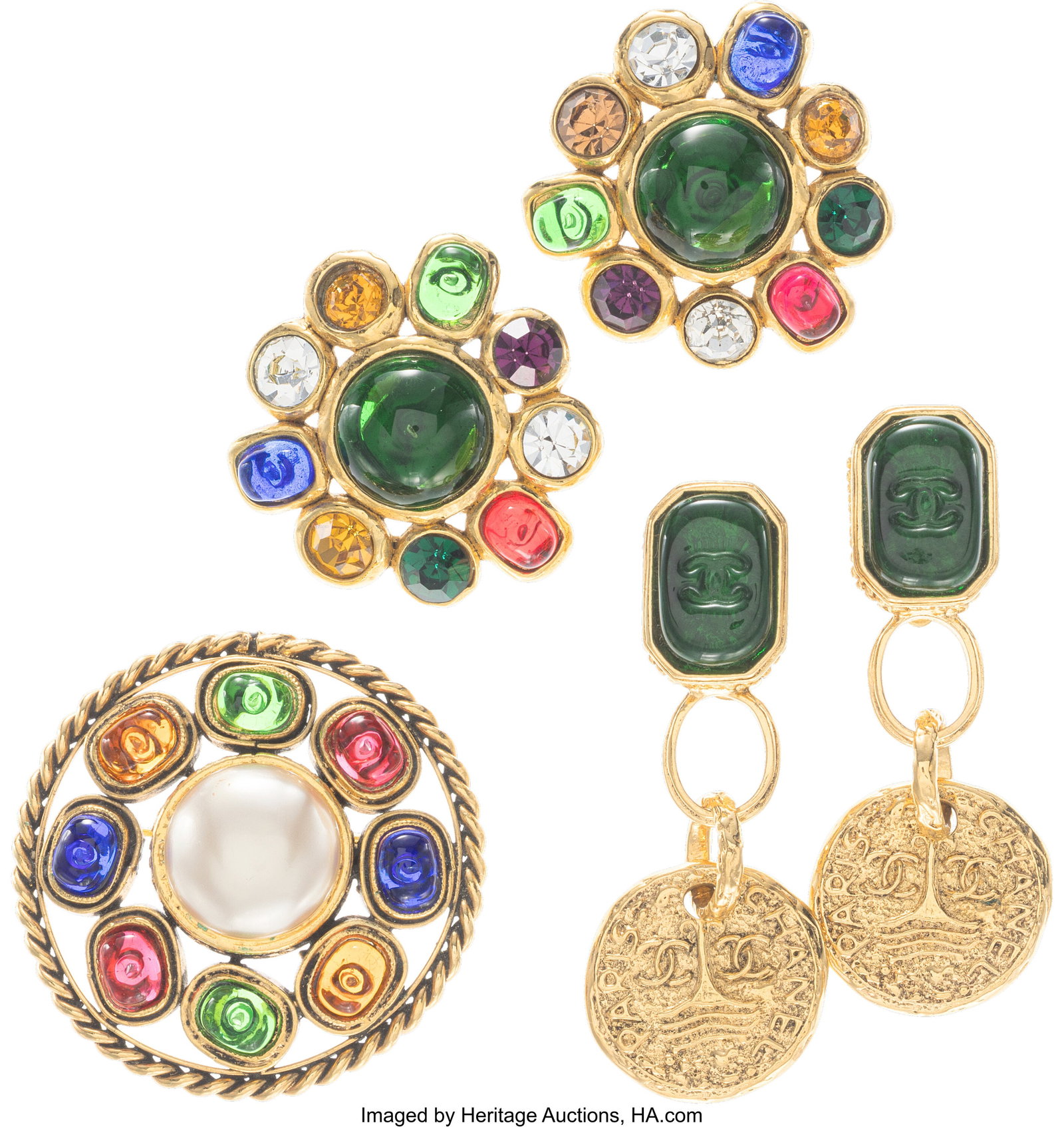 Chanel Set of Three: Vintage Gripoix Earrings & : Chanel Set of Three: Vintage Gripoix Earrings & Gold Brooch See Extended Condition Report for Details. This set includes: Vintage Chanel Multicolor Gripoix, Gold Plated&co