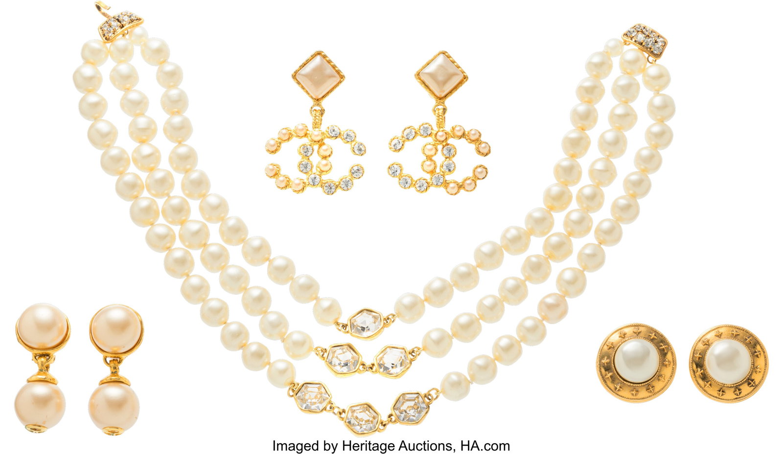 Chanel Set of Four: Faux Pearl & Gold Necklace &: Chanel Set of Four: Faux Pearl & Gold Necklace & Earrings See Extended Condition Report for Details. This set includes: Vintage Faux Pearl, Crystal, & Gold P