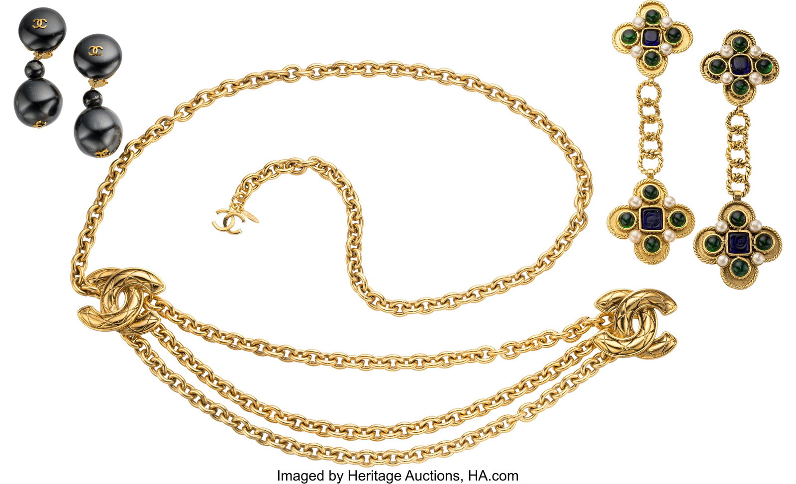 Chanel Set of Three: Vintage Gripoix Earrings, P: Chanel Set of Three: Vintage Gripoix Earrings, Pearl Earrings, & CC Chain Belt See Extended Condition Report for Details. This set includes: Chanel Vintage Gold Plat